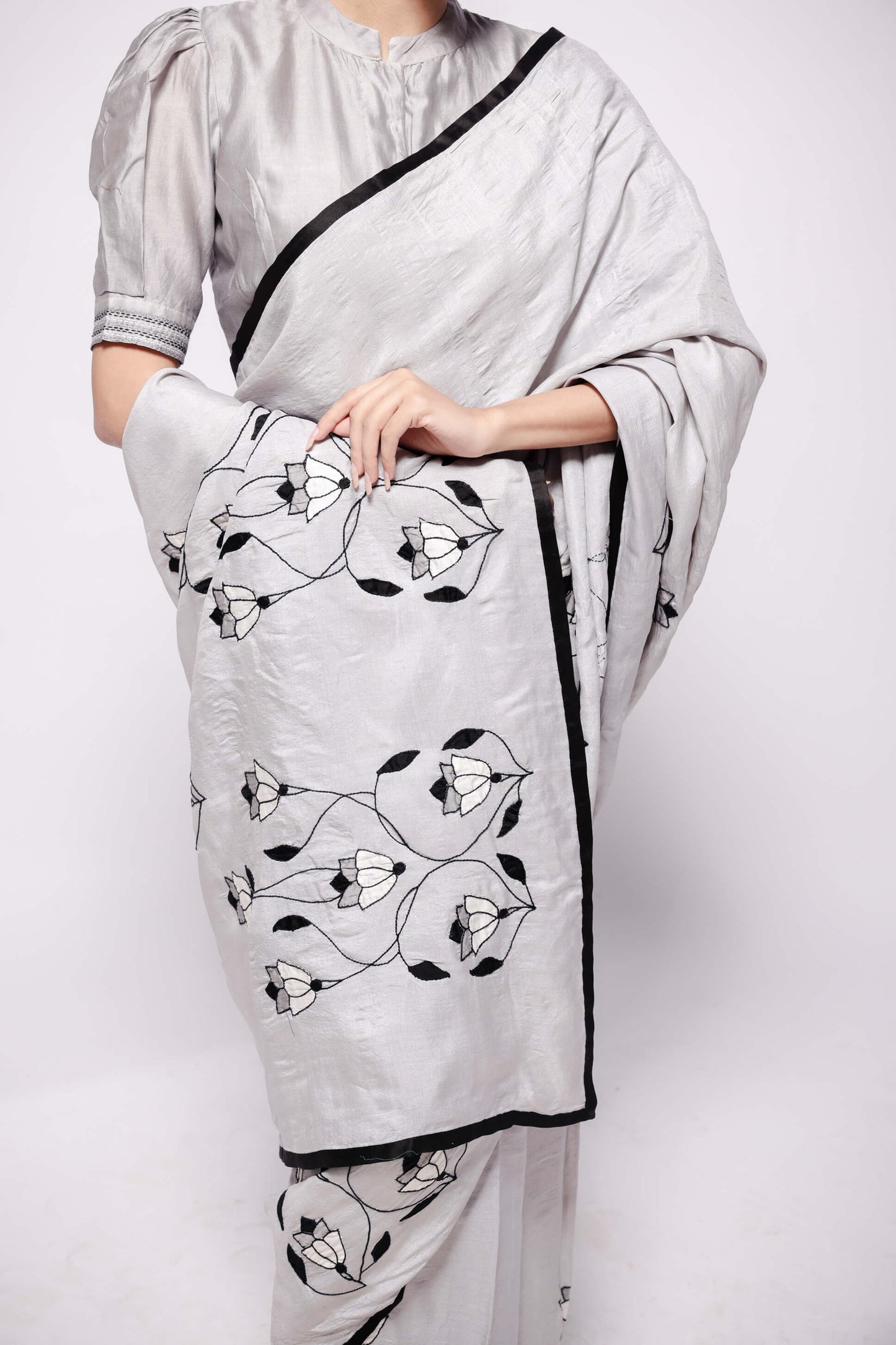 Grey-Wild Silk Applique Saree-bihart