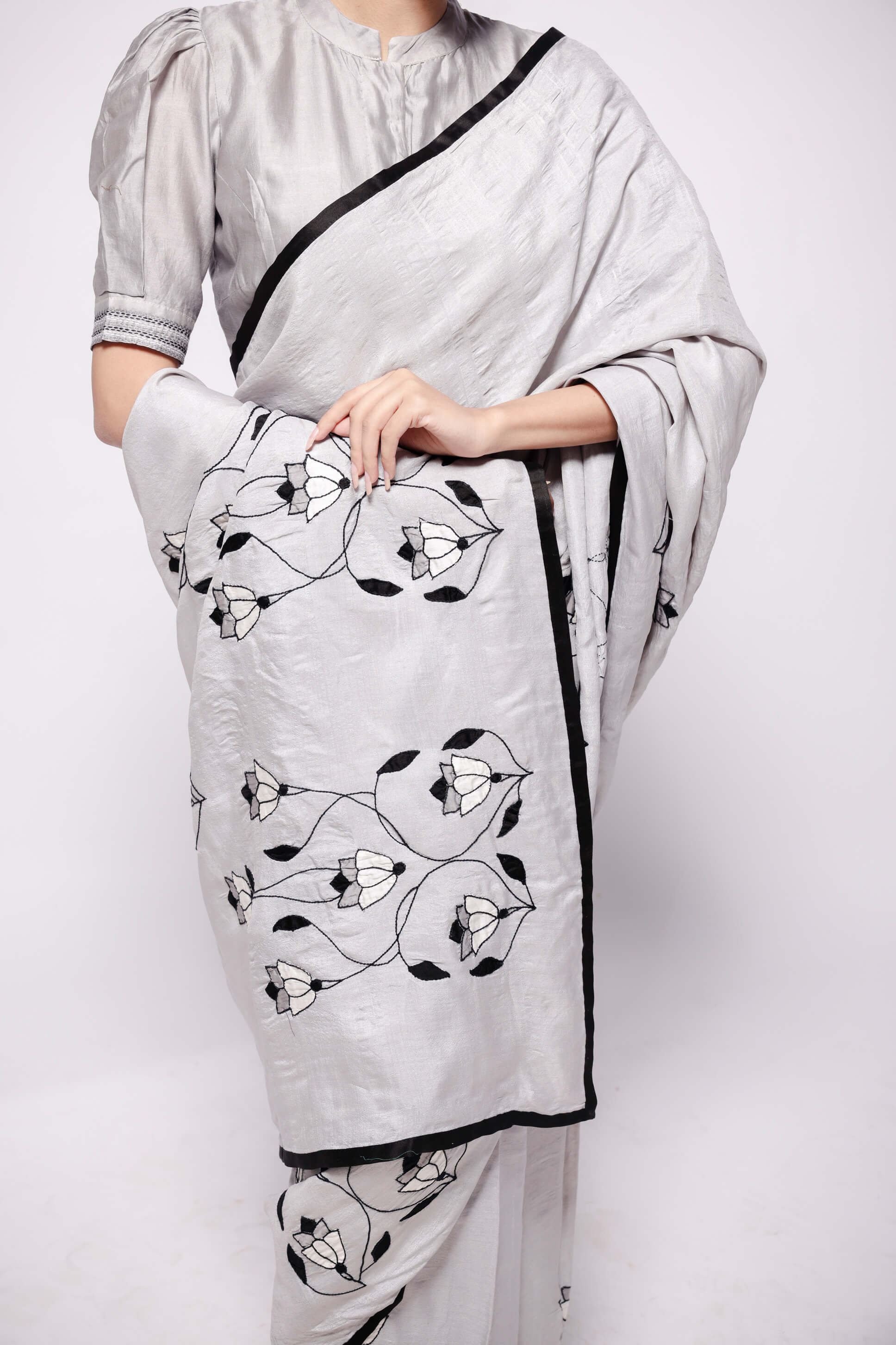 Grey-Wild Silk Applique Saree-bihart