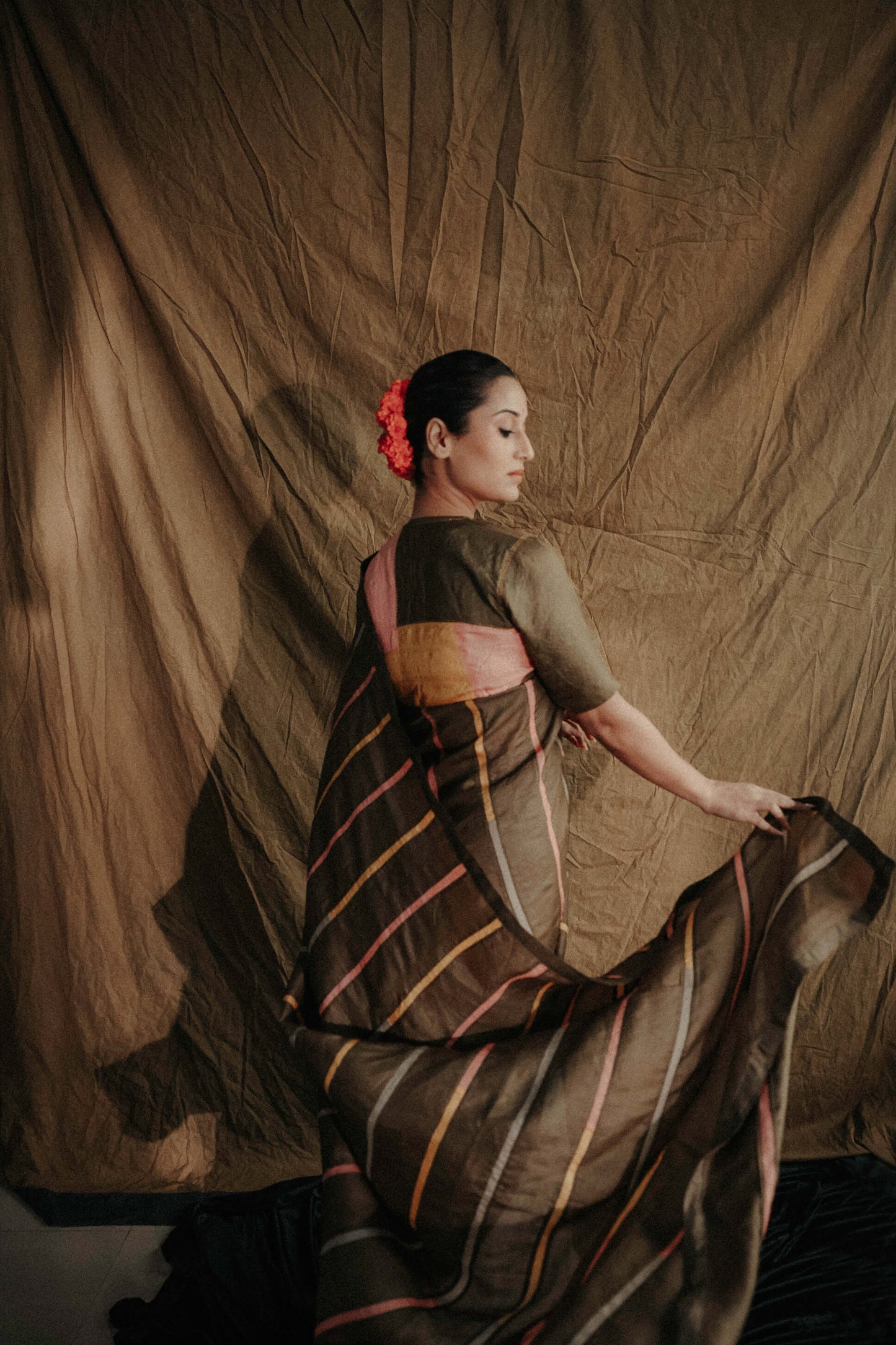 Olive-Green Multi-Colour Block Sujani Embroidered Wild Silk Saree-bihart