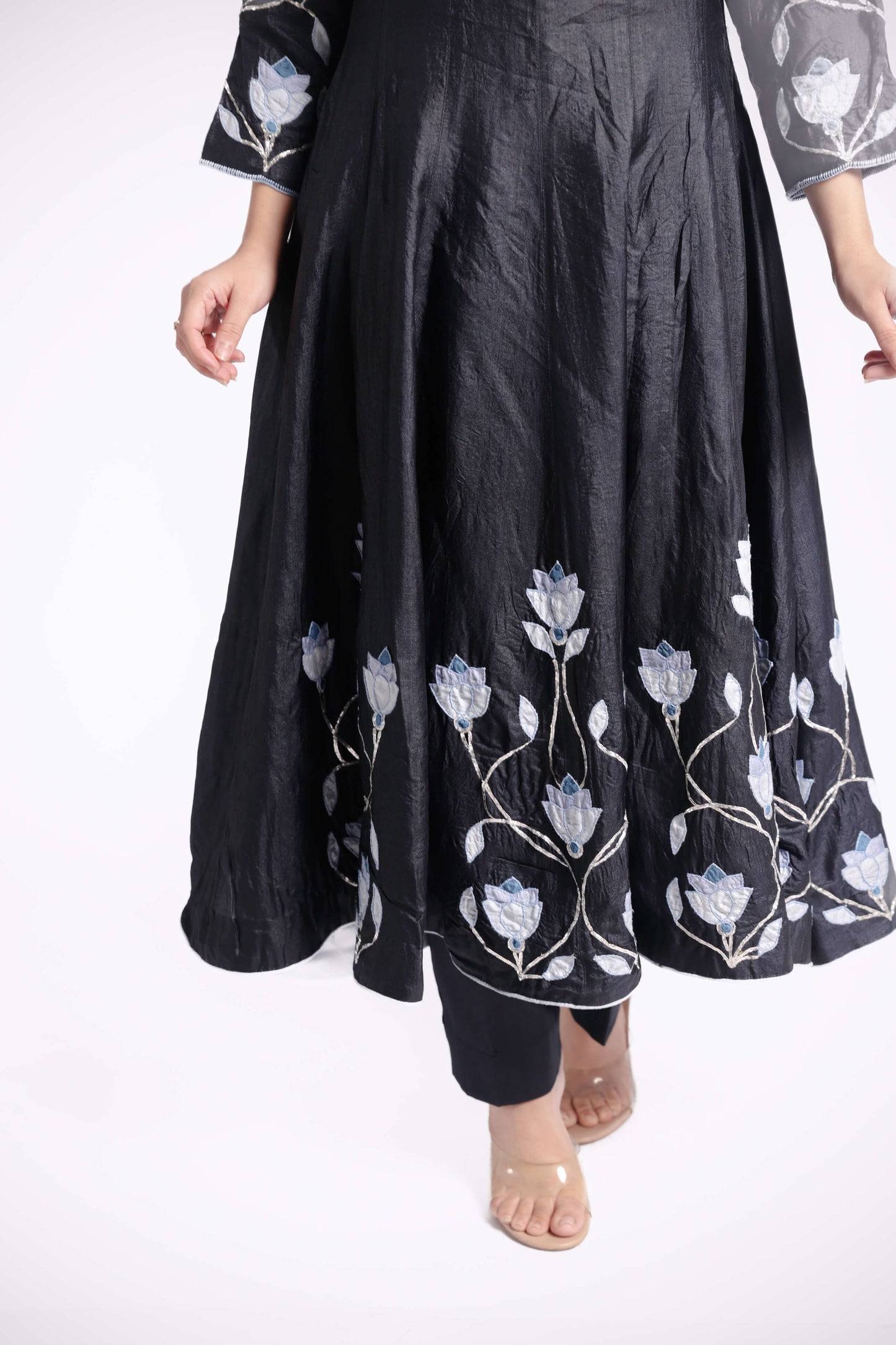 Black-Wild Silk Floral Applique Anarkali Set-bihart