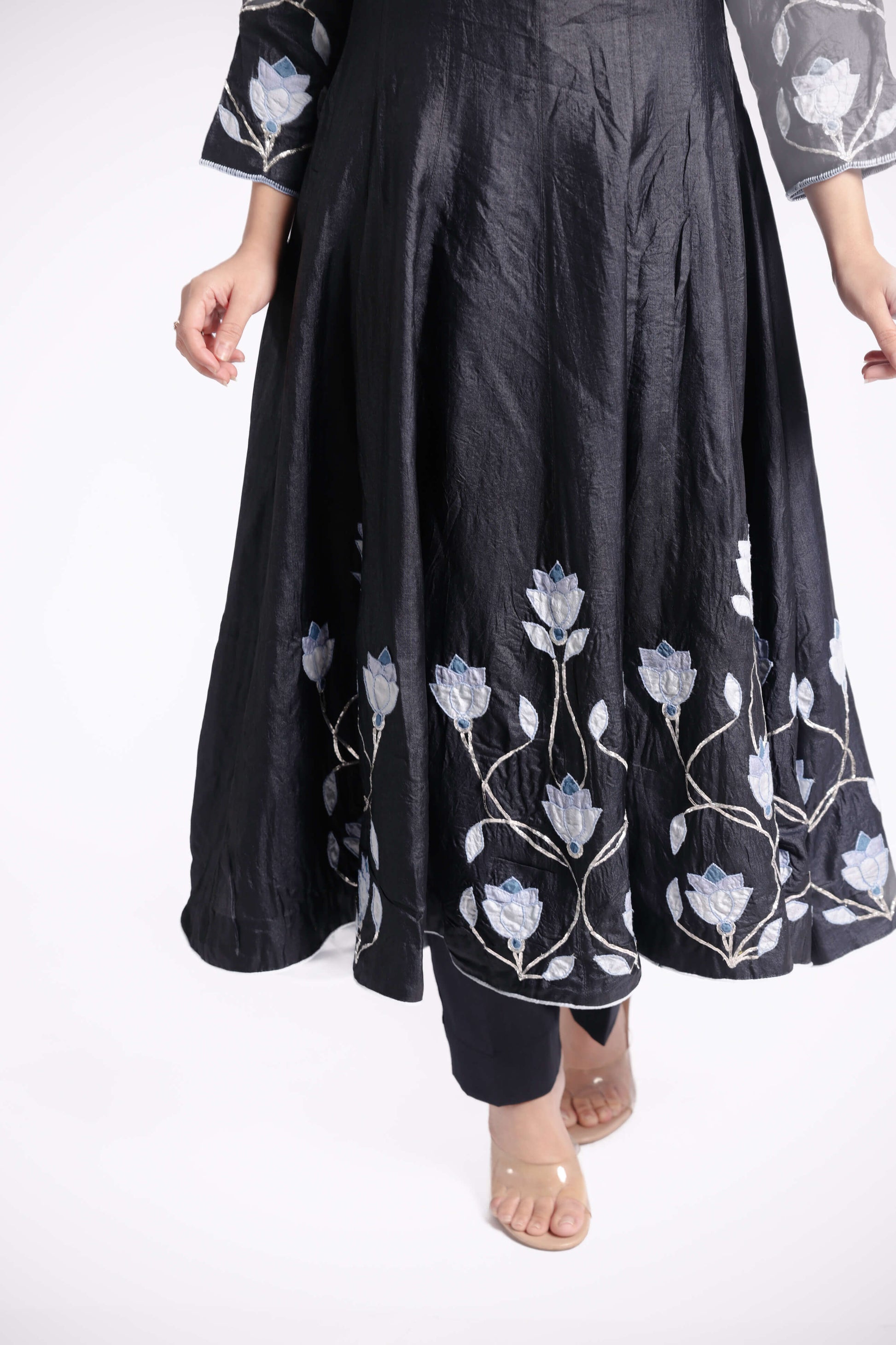 Black-Wild Silk Floral Applique Anarkali Set-bihart