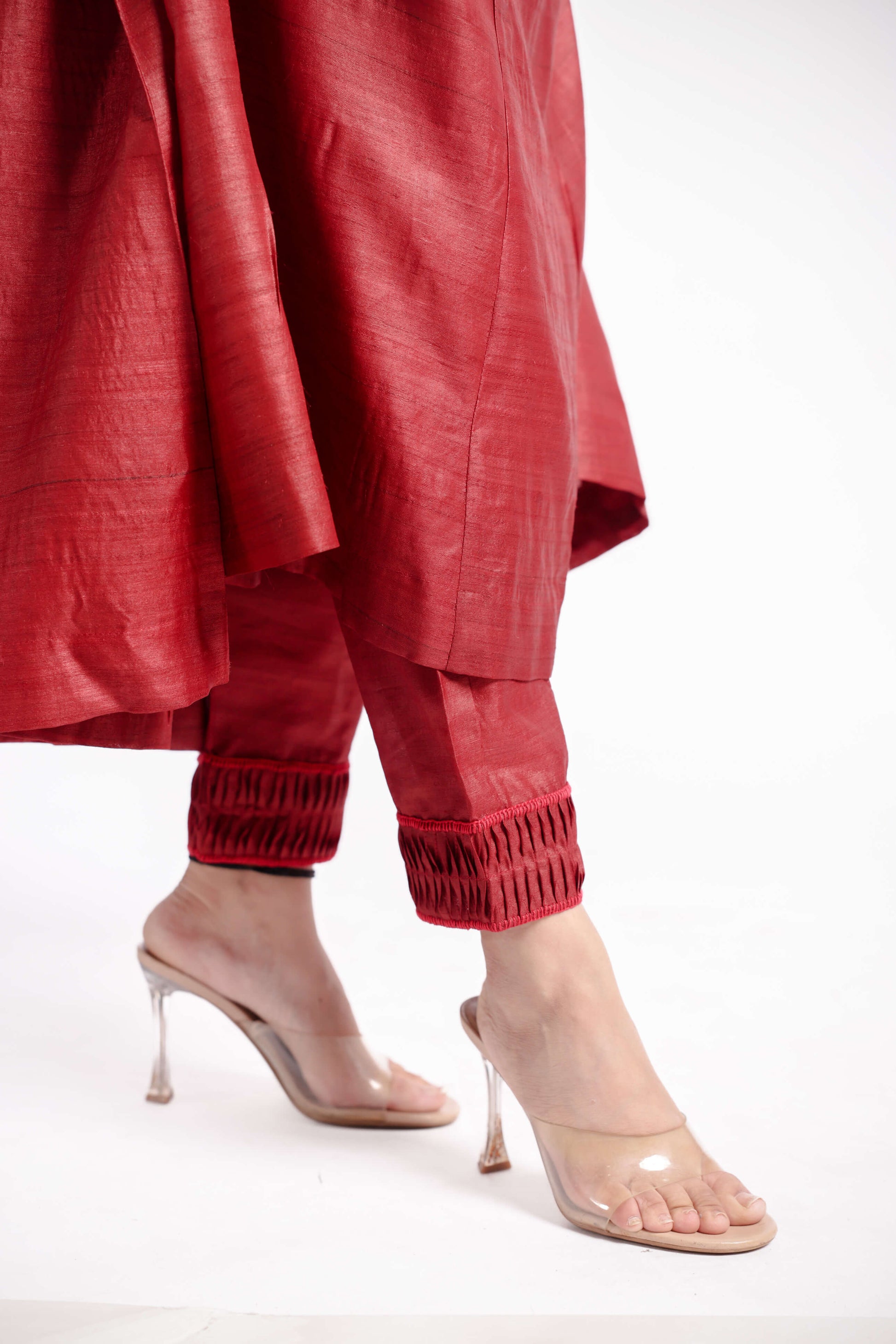 Maroon-Solid Wild Silk Anarkali Set with Multi-Colour Block Dupatta-bihart