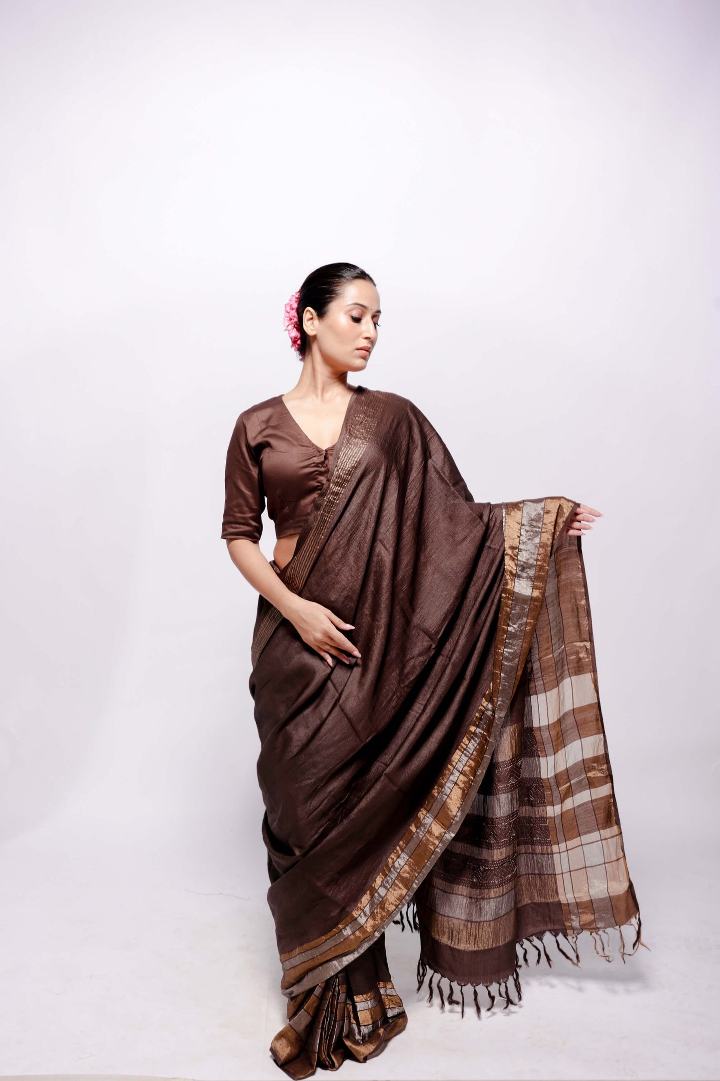 Brown-Zari Woven Wild Silk Saree Sujani Embroidered Saree-bihart