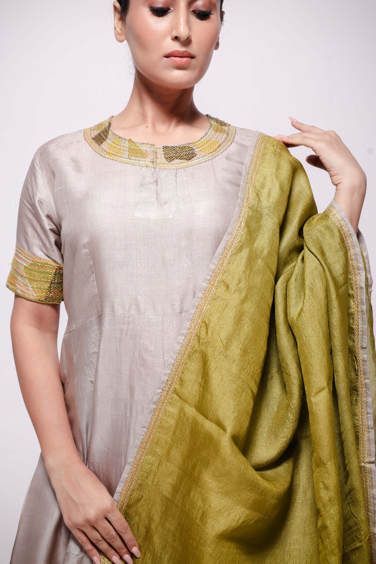 Beige-Wild Silk in Hand Embroidered Sujani Anarkali Set.-bihart