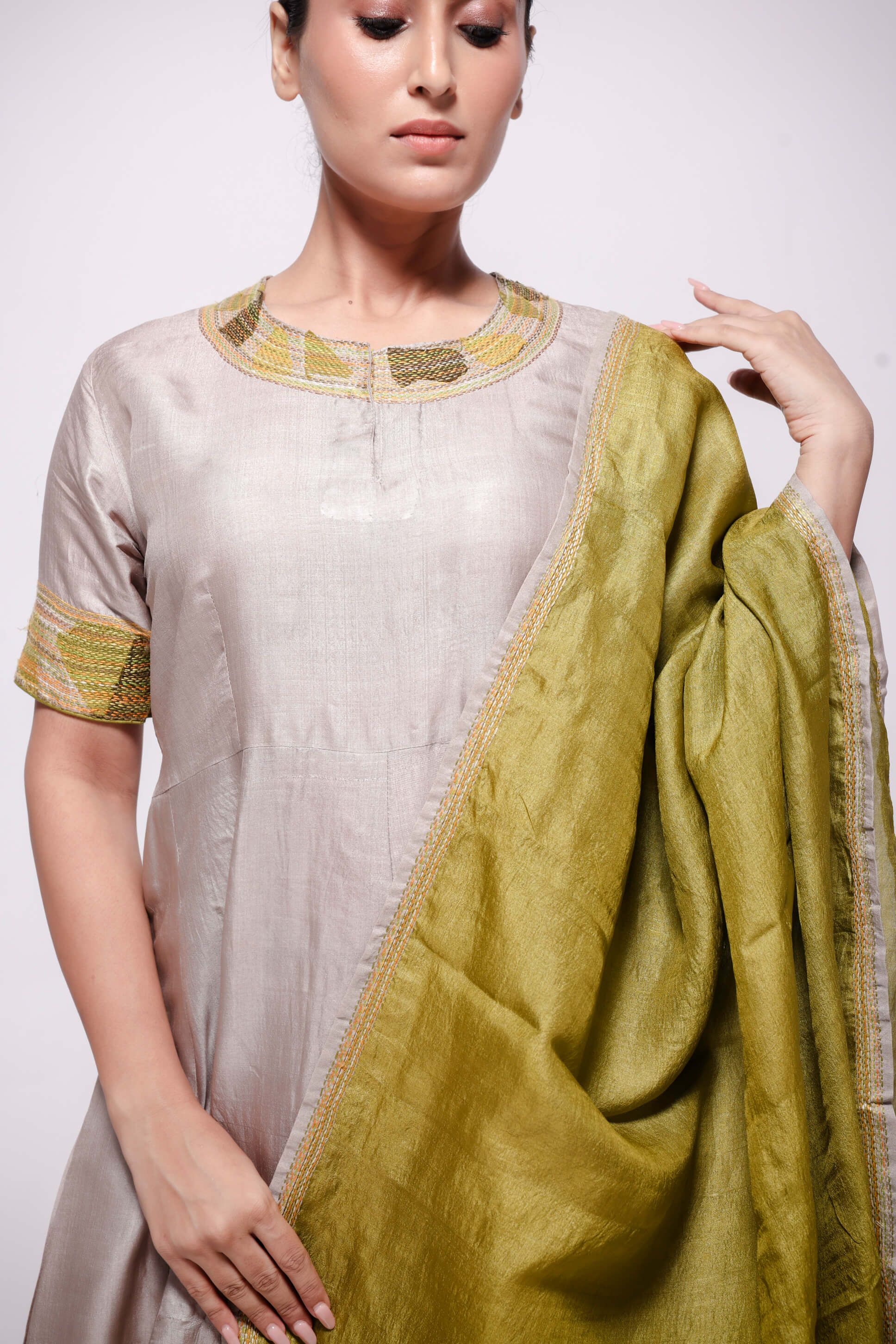 Beige-Wild Silk in Hand Embroidered Sujani Anarkali Set.-bihart