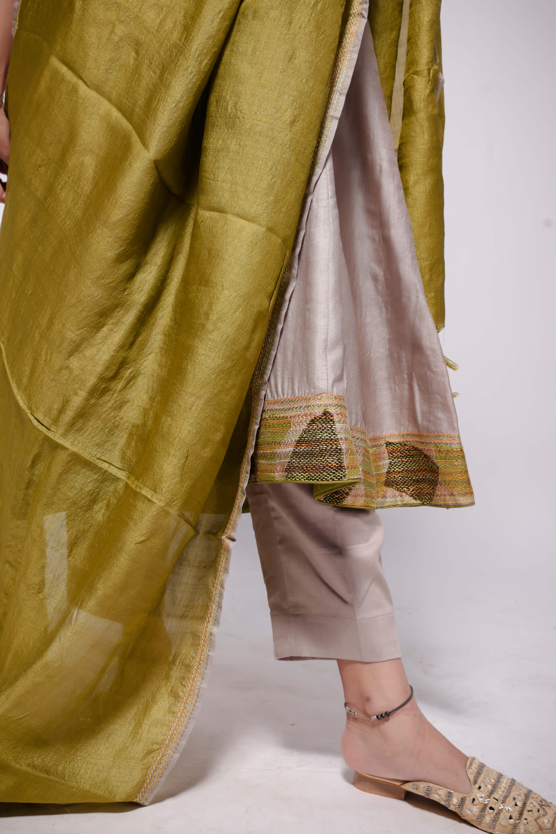 Beige-Wild Silk in Hand Embroidered Sujani Anarkali Set.-bihart