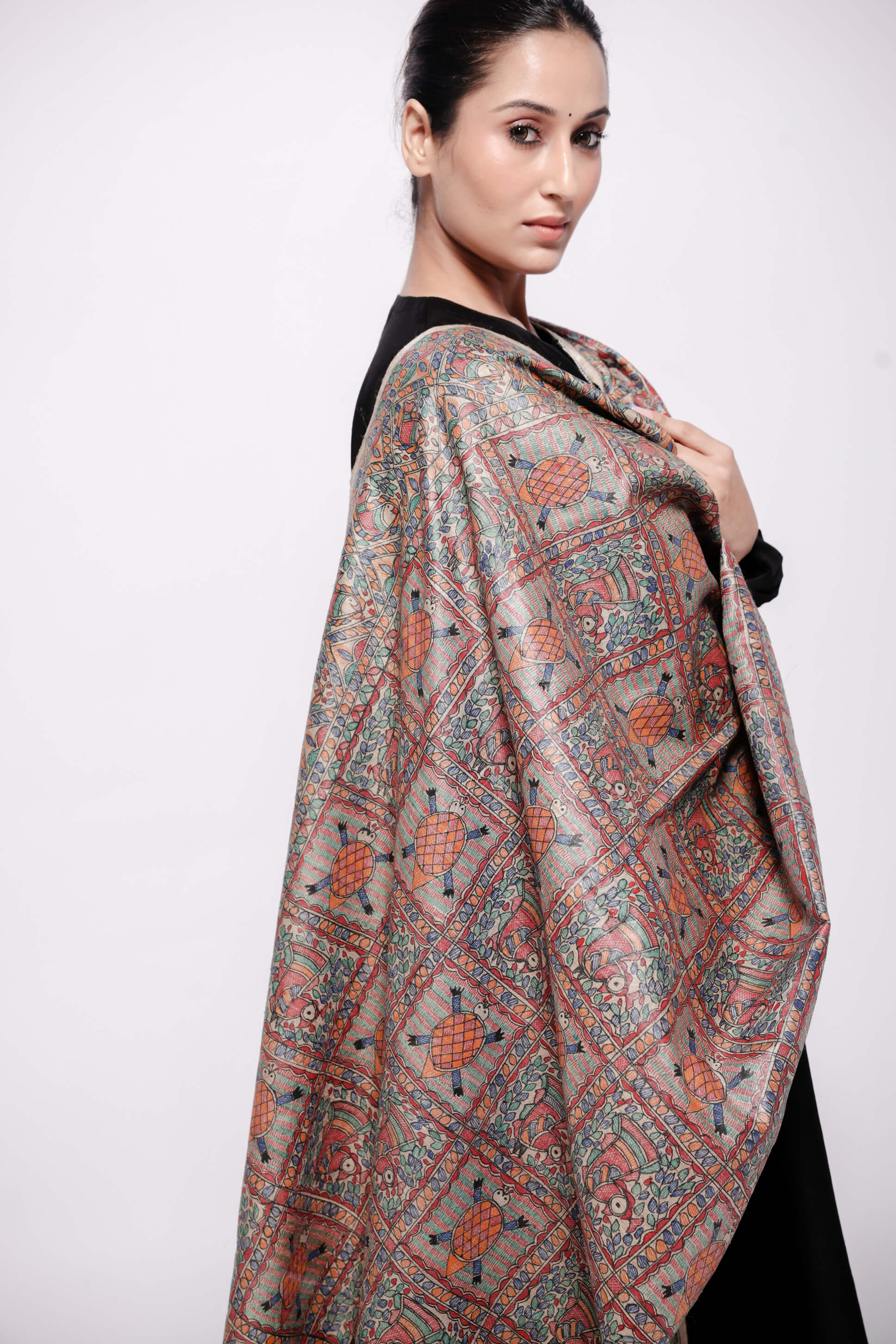Beige-Wild Silk Dupatta Hand Painted in Traditional Madhubani.-bihart