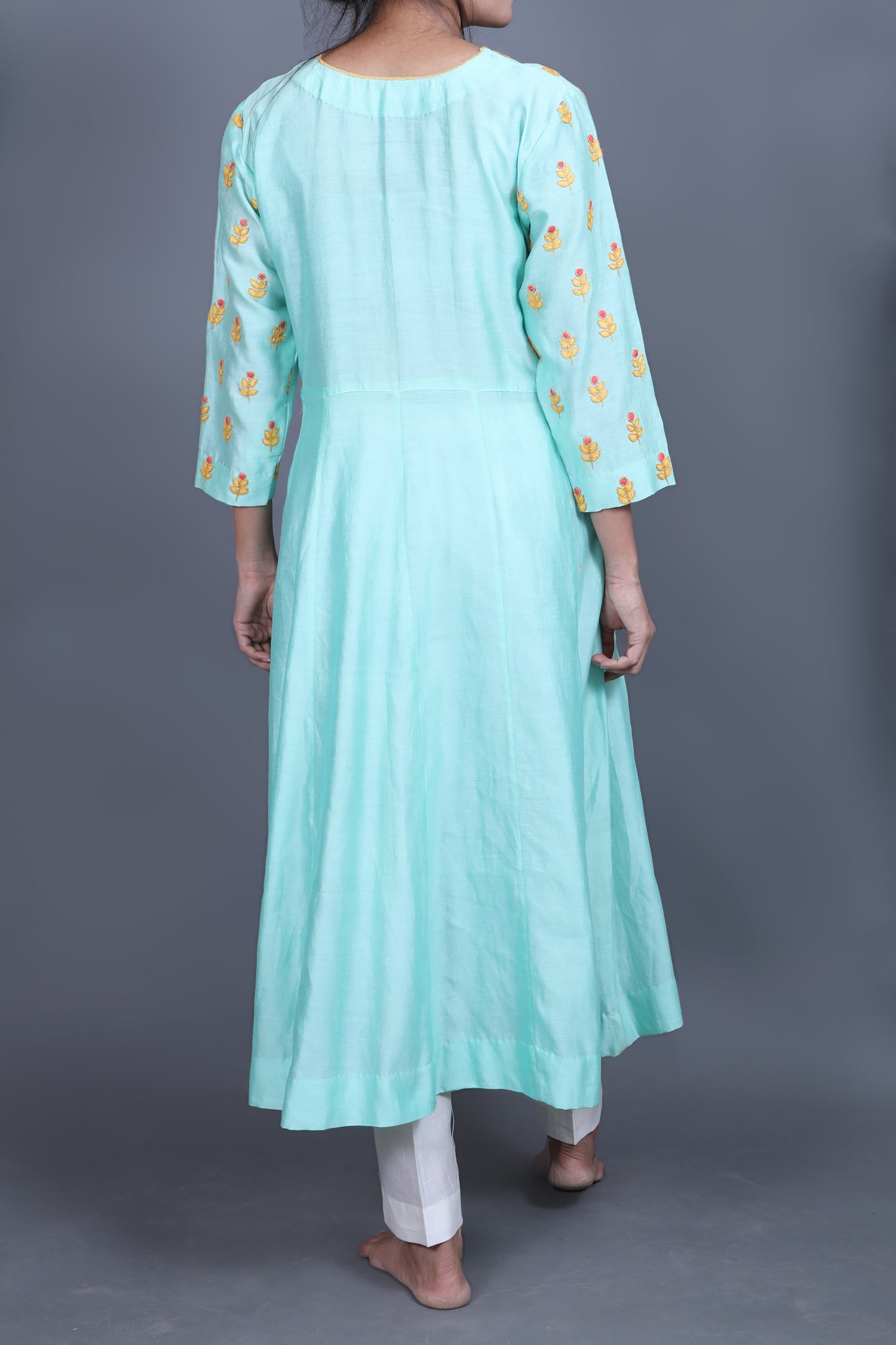 Sea Green-Chanderi Phool Patti Applique Kurti-bihart