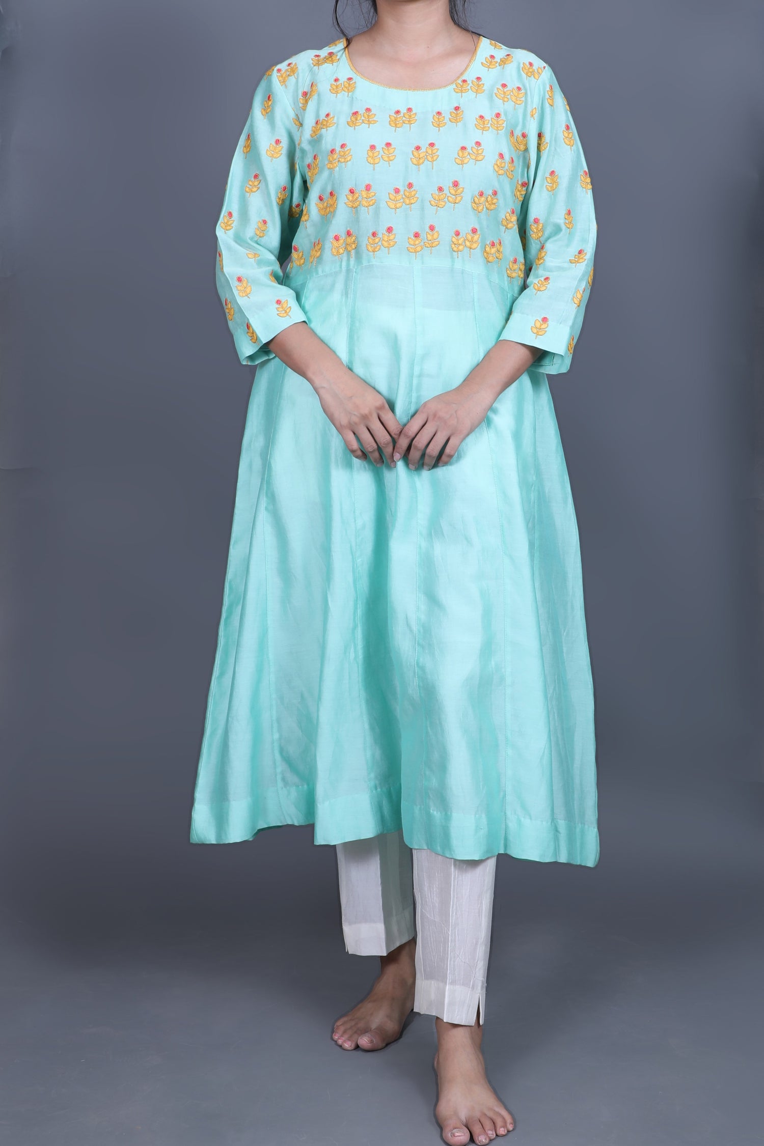 Sea Green-Chanderi Phool Patti Applique Kurti-bihart