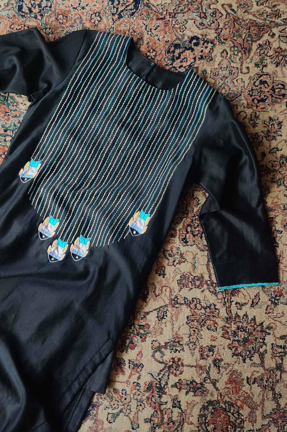 black kurta, kurta with embroidery, hand crafted kurta, chanderi kurta
