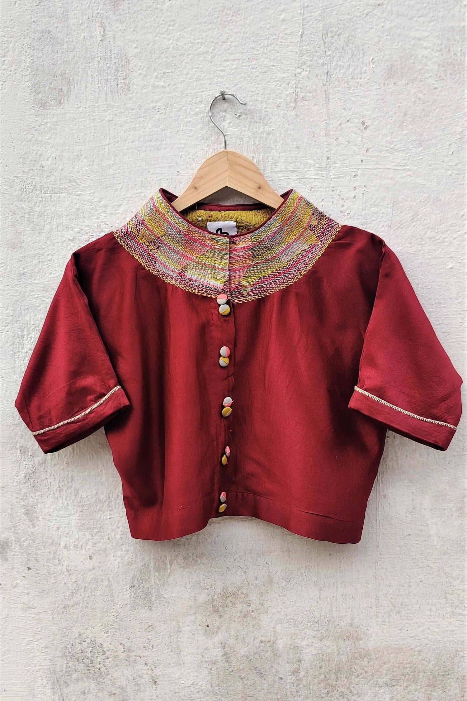Cotton-silk Maroon crop top with sujani work on neck line-bihart