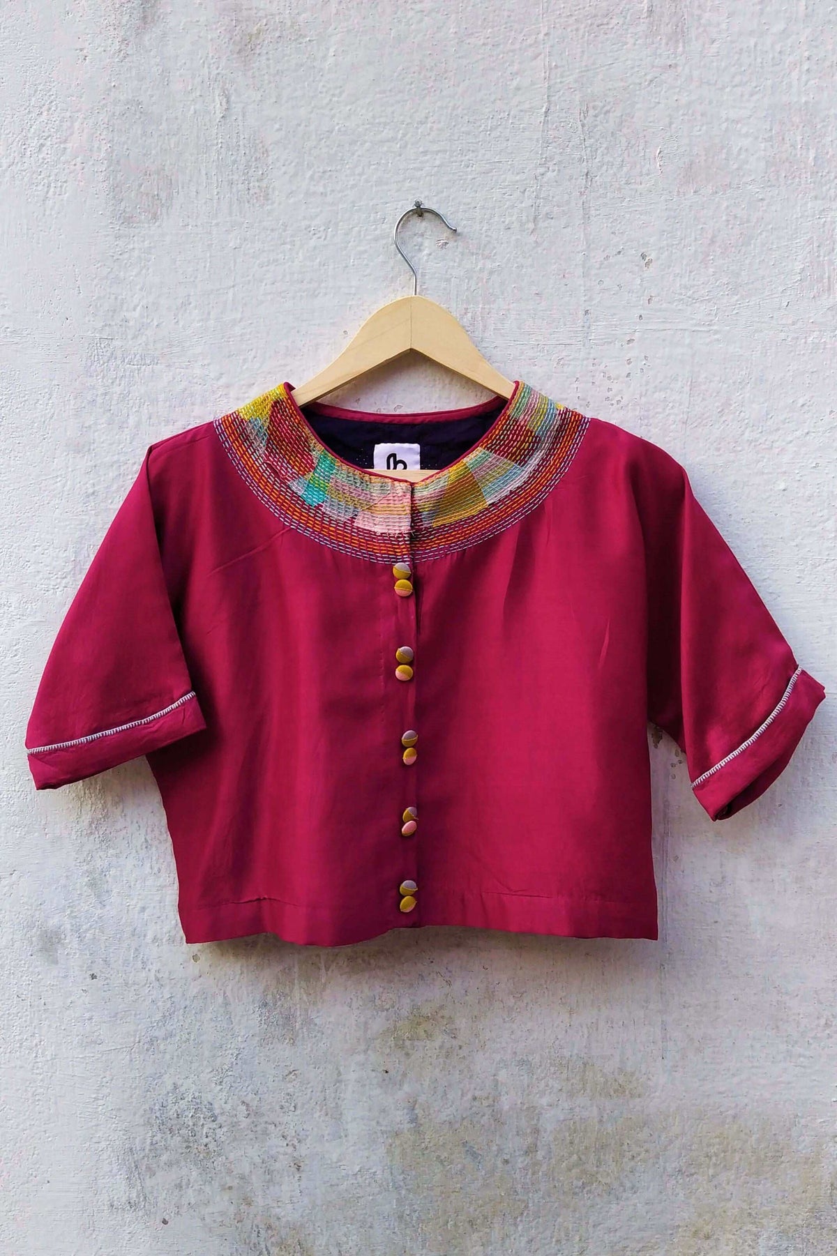 Cotton-silk Pink crop top with sujani work on neckline.