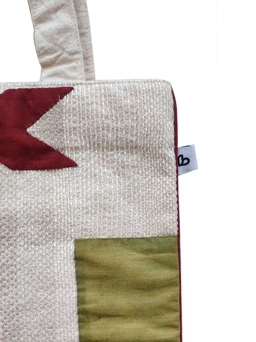 Unisex-cotton off-white tote bag with Applique and Sujani work-bihart