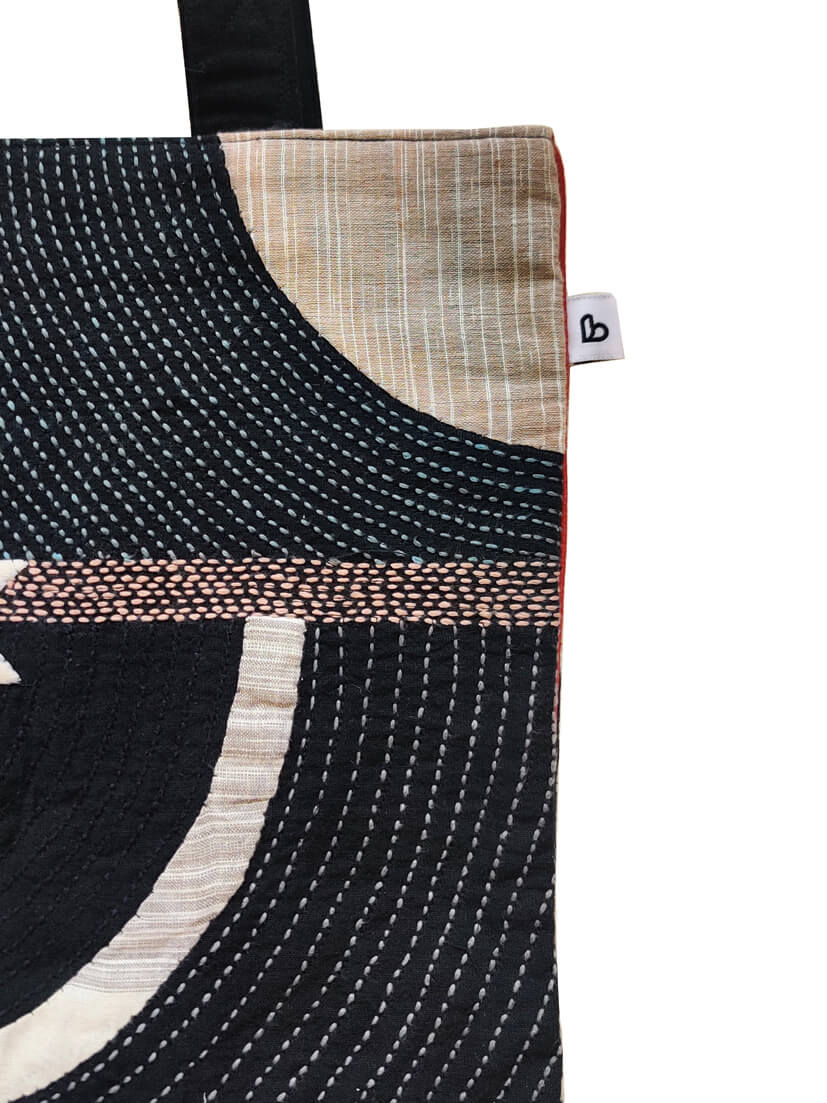 Unisex-cotton Black tote bag with Applique and Sujani work-bihart