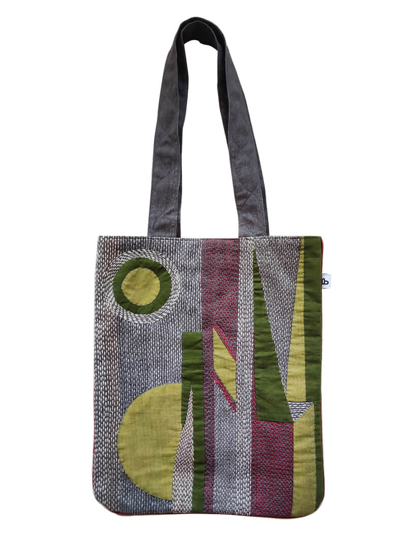 Unisex-cotton Charcoal Grey tote bag with Applique and Sujani work-bihart
