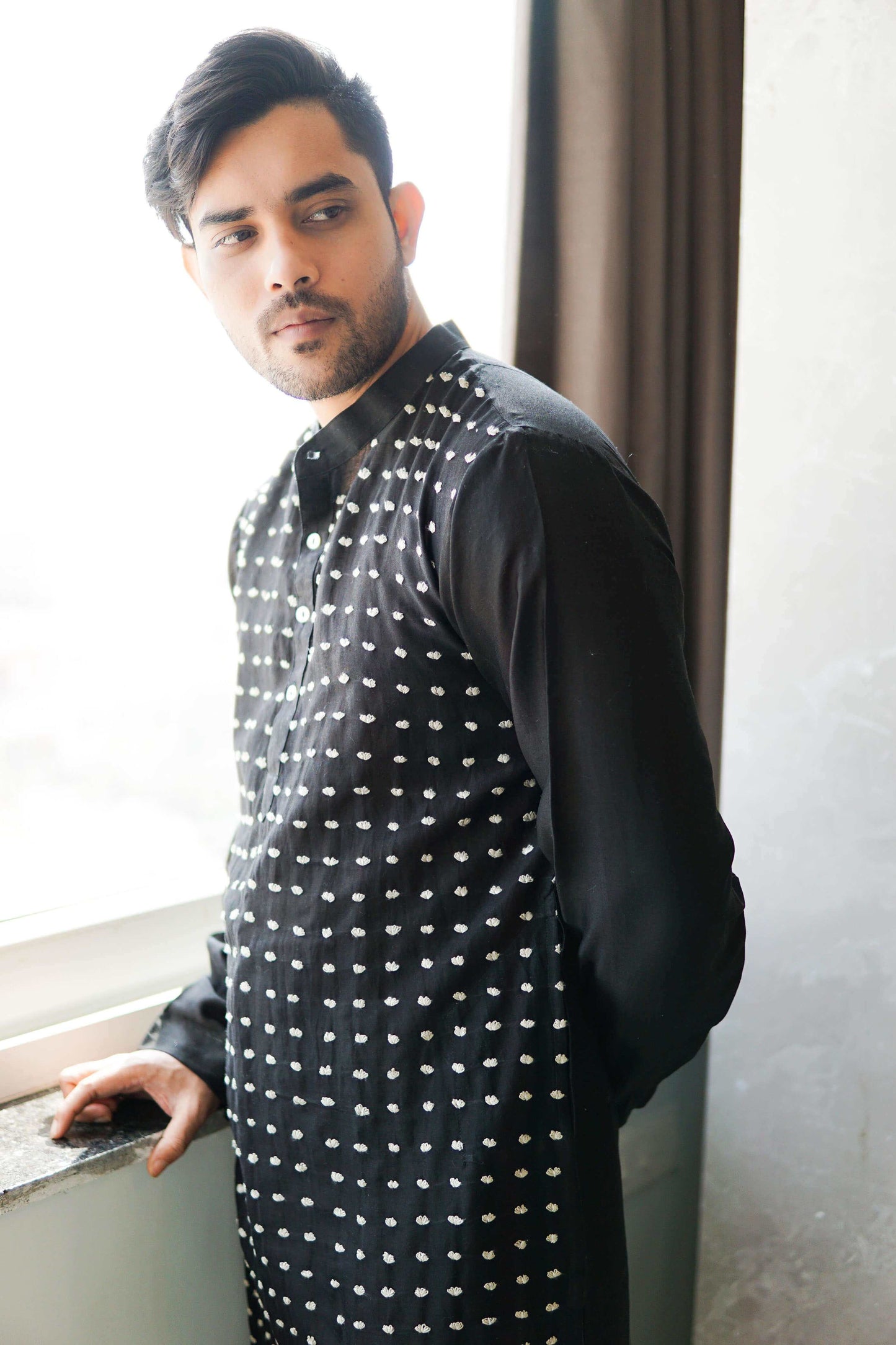 Anantha-Men's  Chanderi Hand Embroidered Straight Kurta-bihart