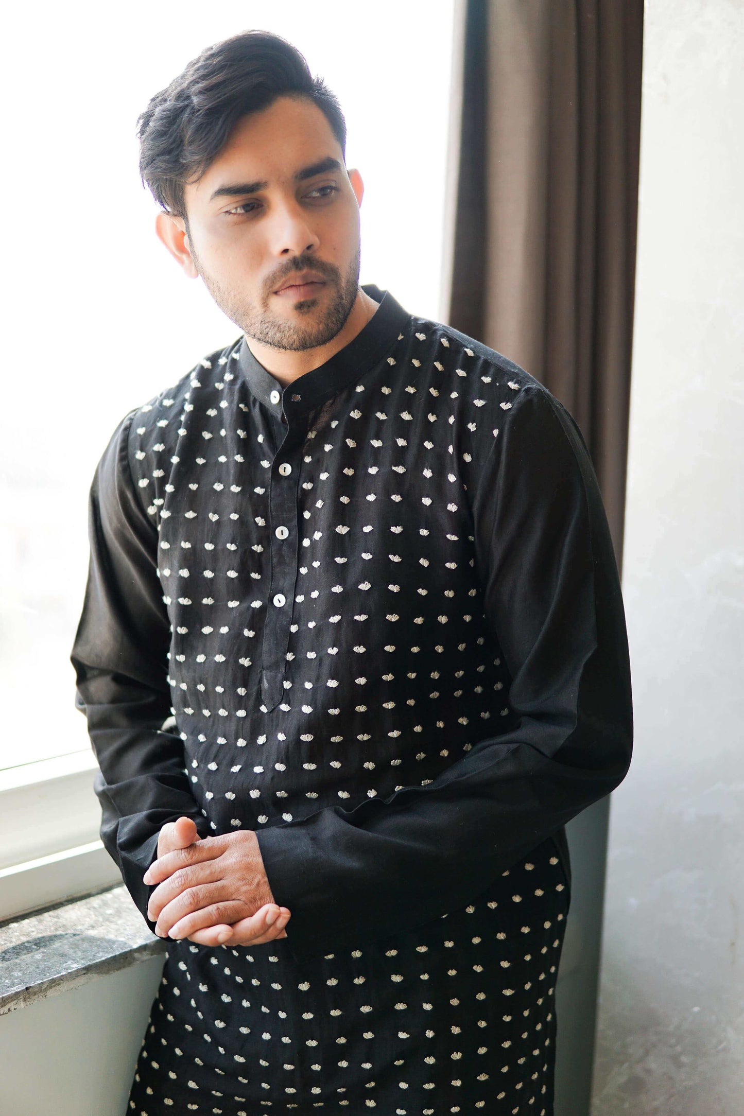 Anantha-Men's  Chanderi Hand Embroidered Straight Kurta-bihart