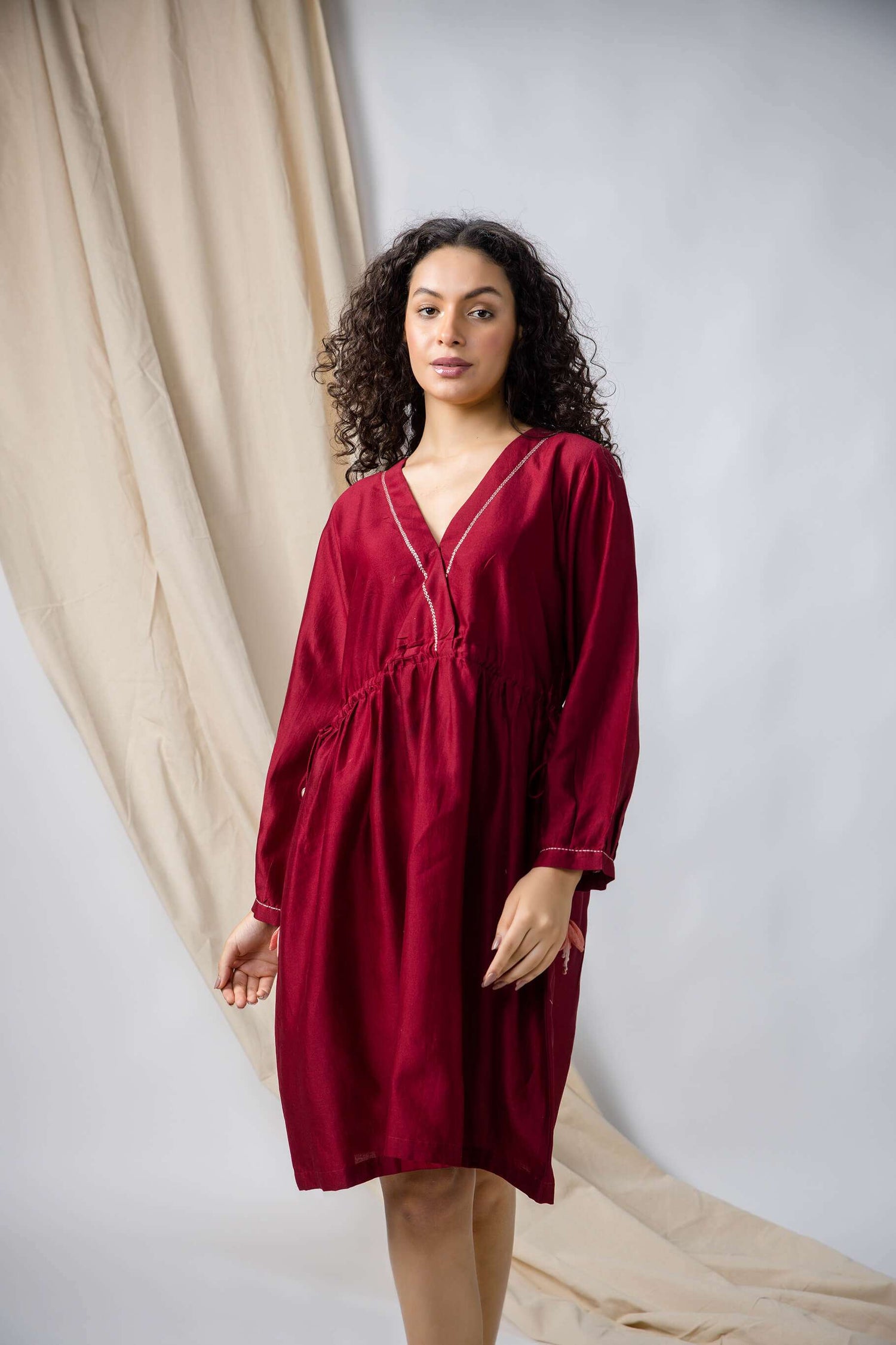 Anantha-Deep Red Drawstring Cinched Waist Dress-bihart