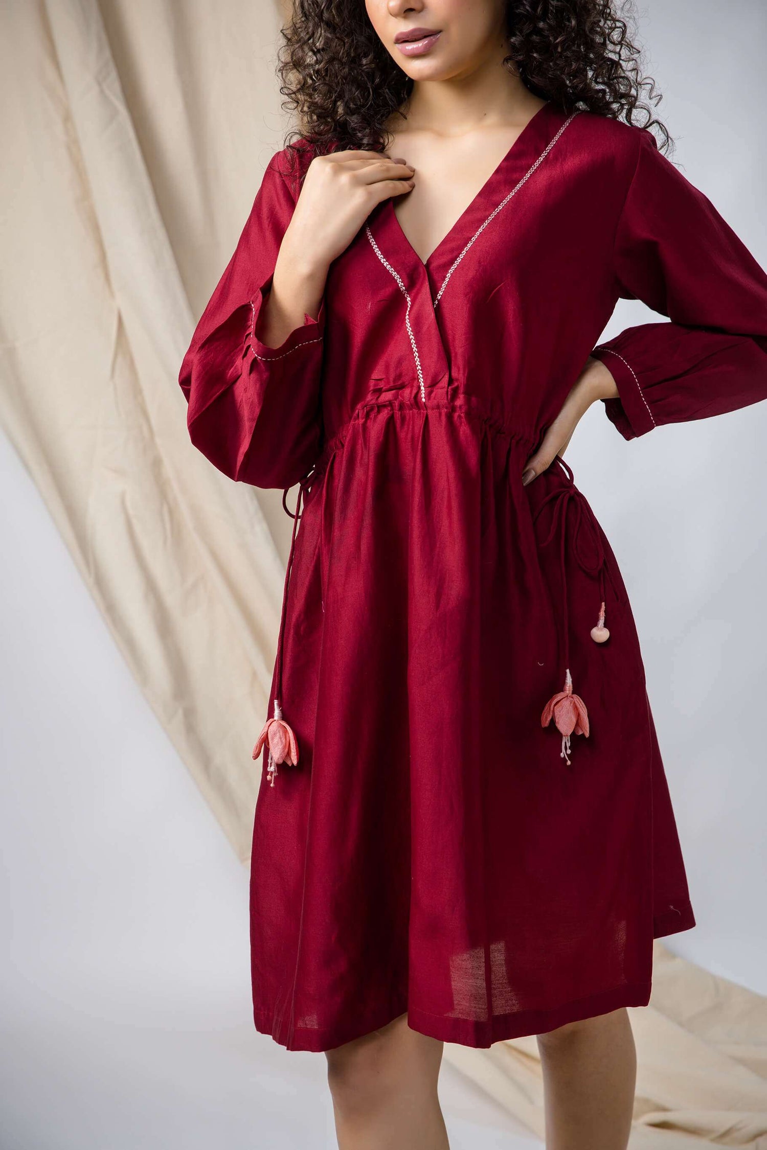 Anantha-Deep Red Drawstring Cinched Waist Dress-bihart