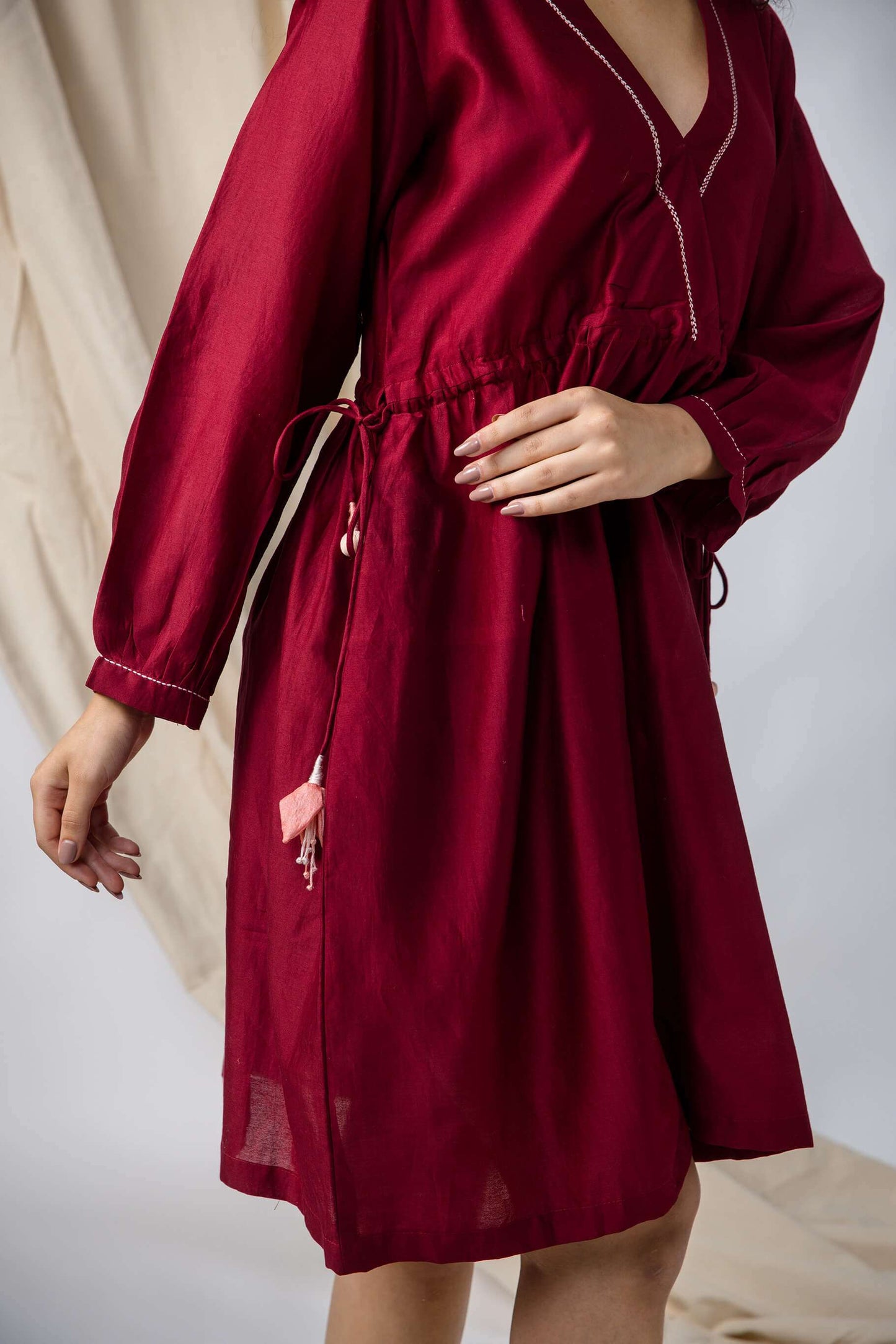 Anantha-Deep Red Drawstring Cinched Waist Dress-bihart