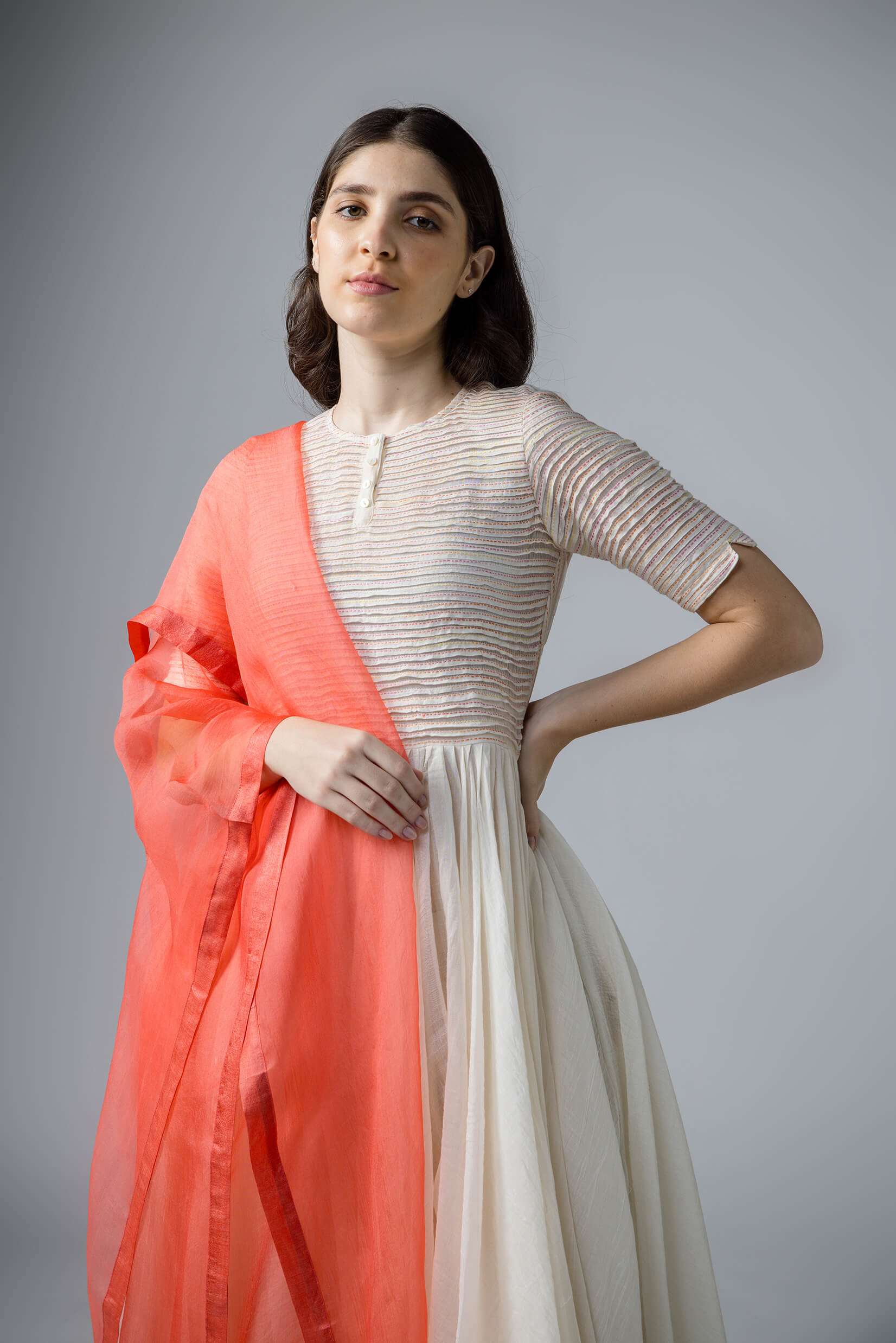 Anantha-Ball Gown Pleated Sujani Anarkali Set in cotton silk Chanderi-bihart