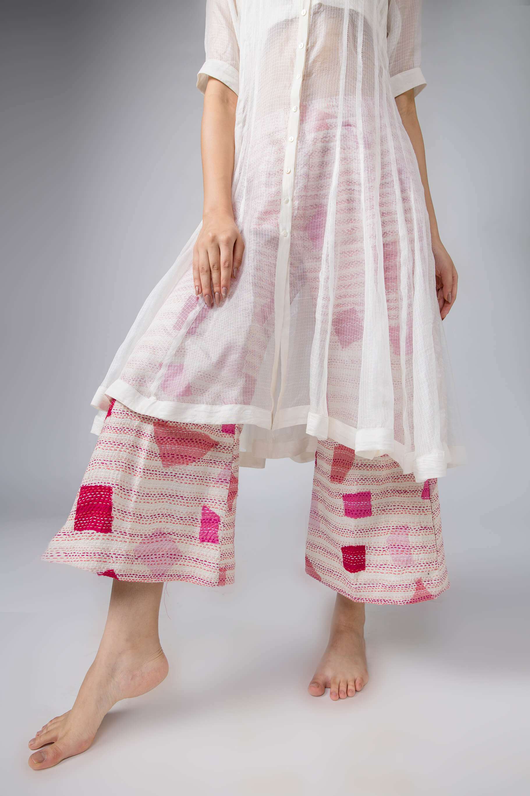 Silk Kota Anarkali with Hand embroidered chindi pants