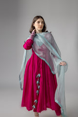 Anantha Anarkali Set in cotton silk Chanderi with Pure Tussar Silk Floral Tassel