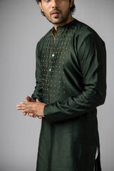 Anantha Men's Cot-silk Chanderi Dark Green Kurta