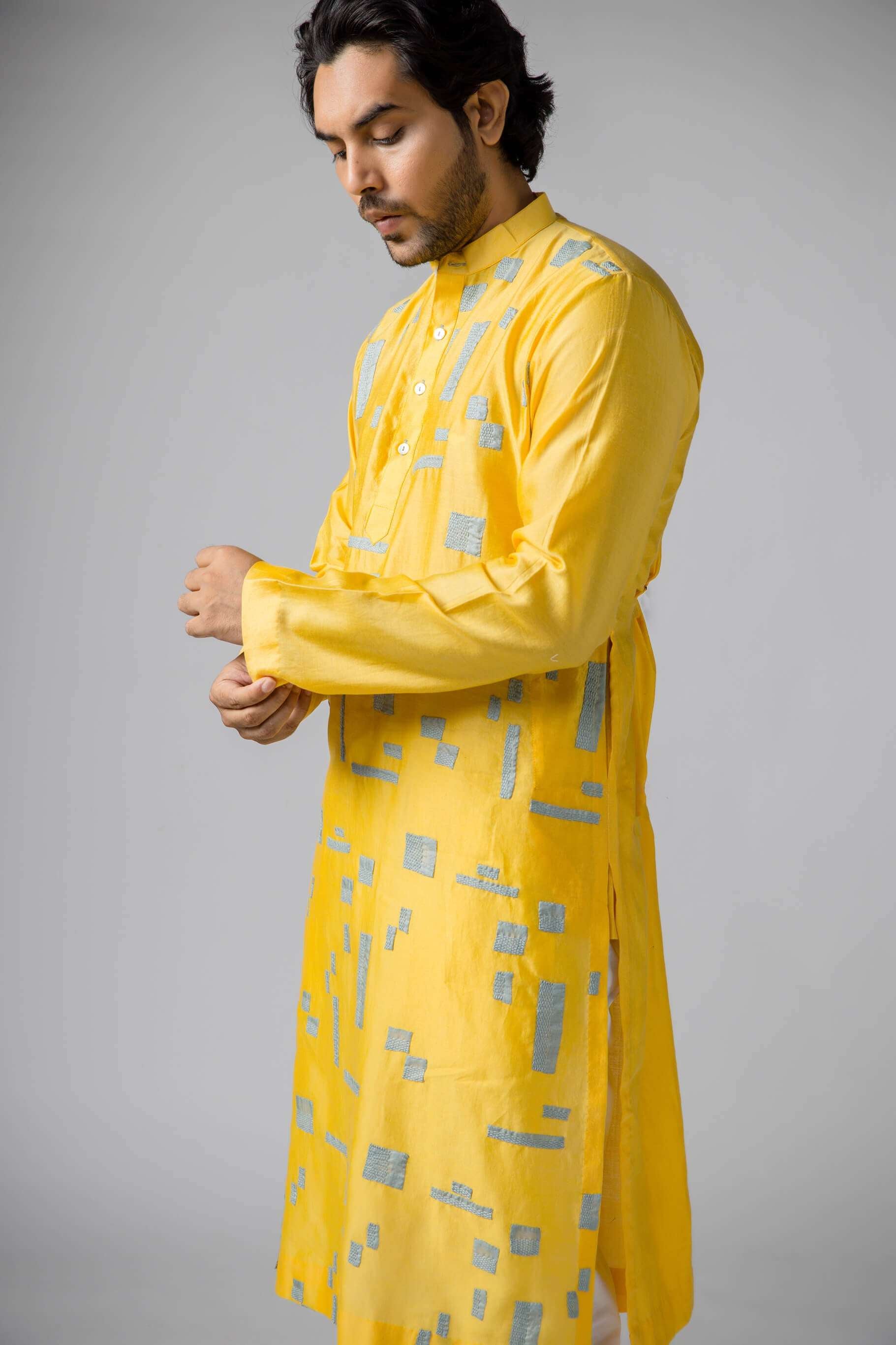 Men's Cot-silk Sujani and Applique Straight Kurta