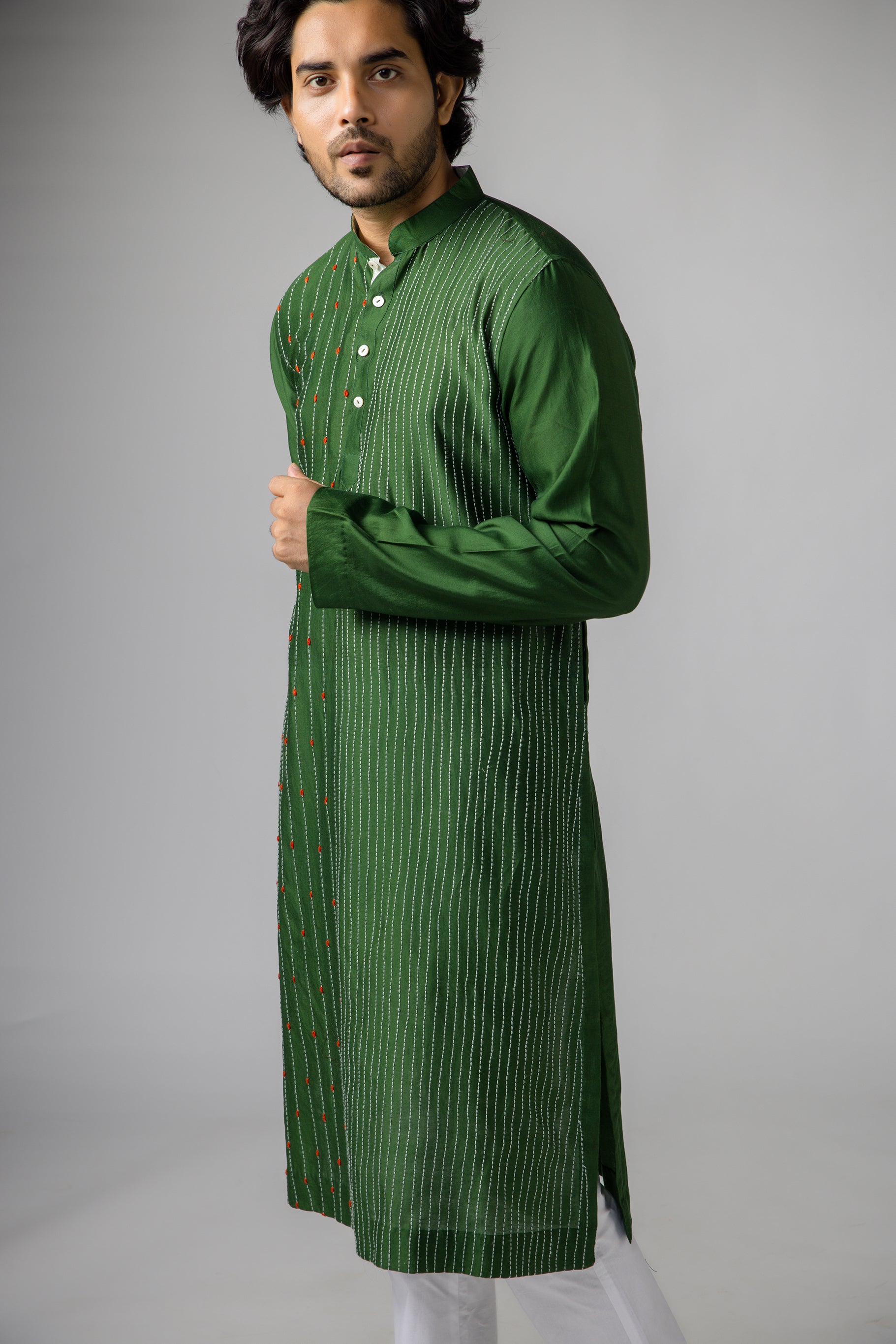 Anantha-Bottle green Cotsilk Chanderi Sujani Embroidery Kurta for Men-bihart