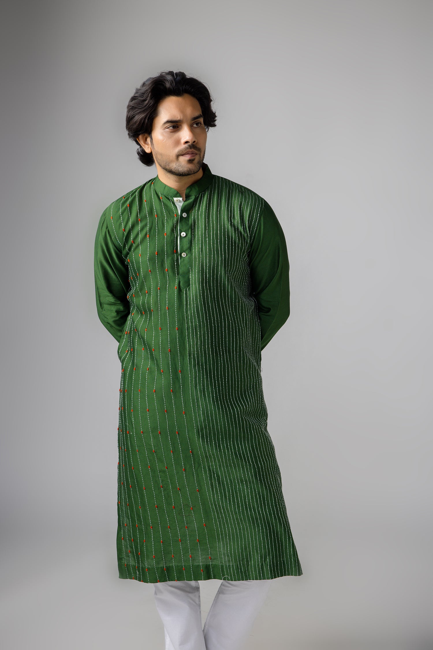 Anantha-Bottle green Cotsilk Chanderi Sujani Embroidery Kurta for Men-bihart