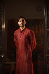 Anantha Men's Red Cot-silk Chanderi Hand Embroidered Straight Kurta