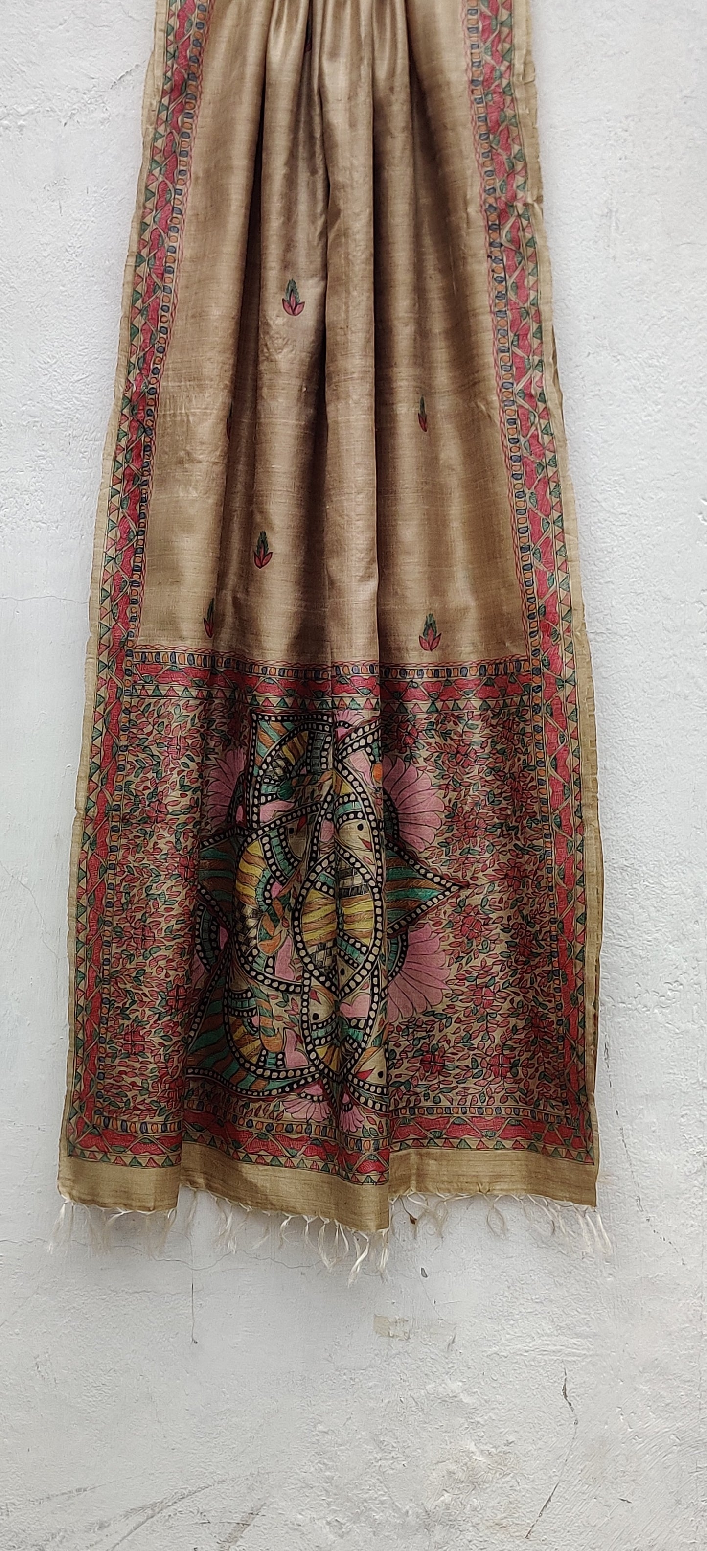 Beige-Wild Silk Dupatta Hand Painted in Traditional Madhubani.-bihart