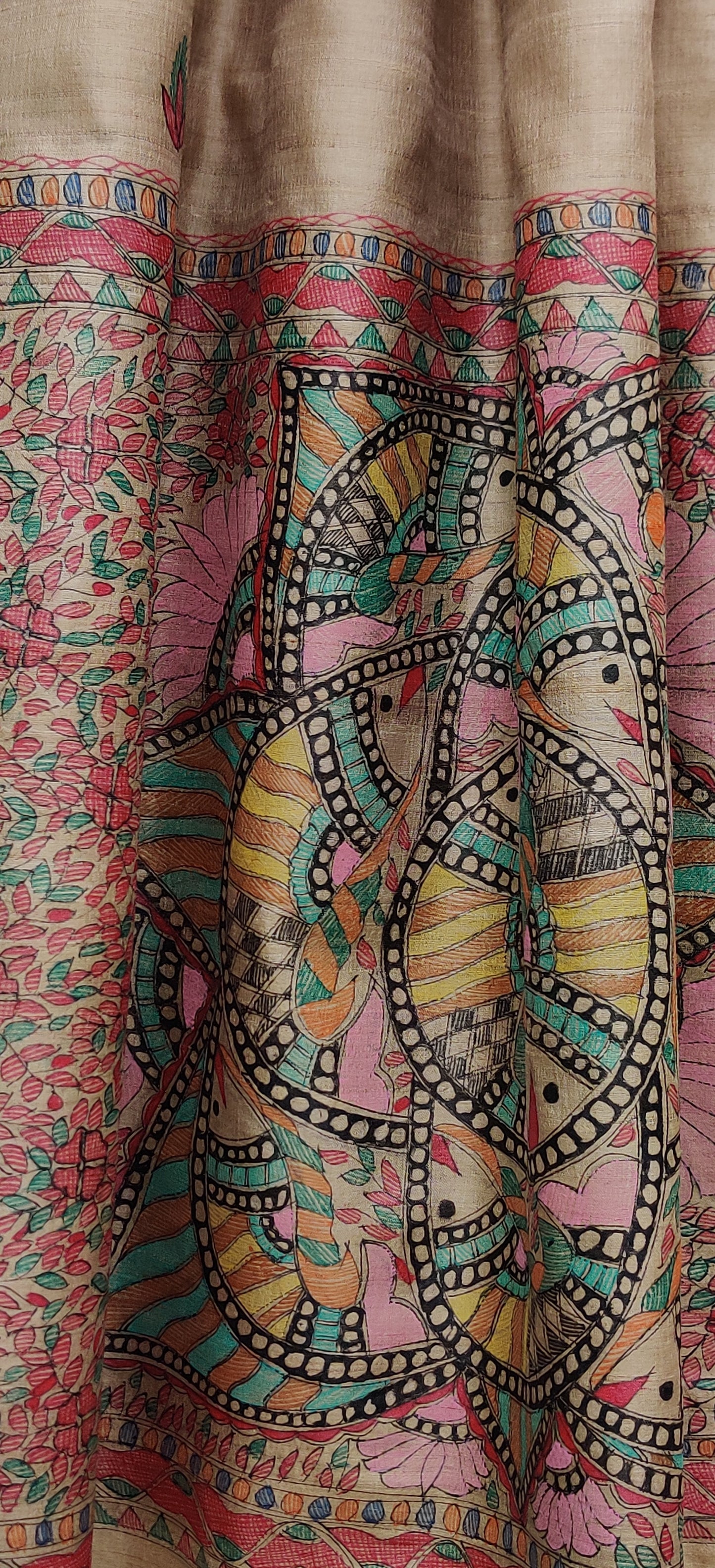 Beige-Wild Silk Dupatta Hand Painted in Traditional Madhubani.-bihart