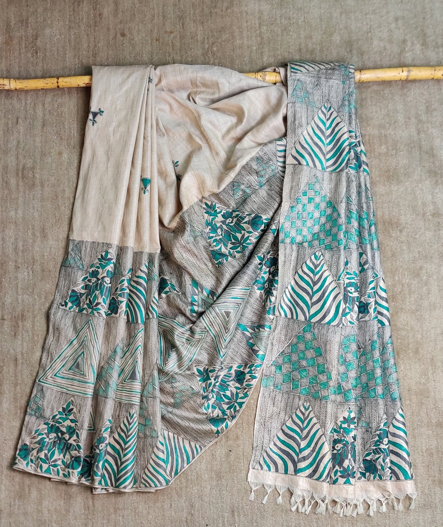 Handwoven-Wild silk Saree with Hand Painted Madhubani-bihart