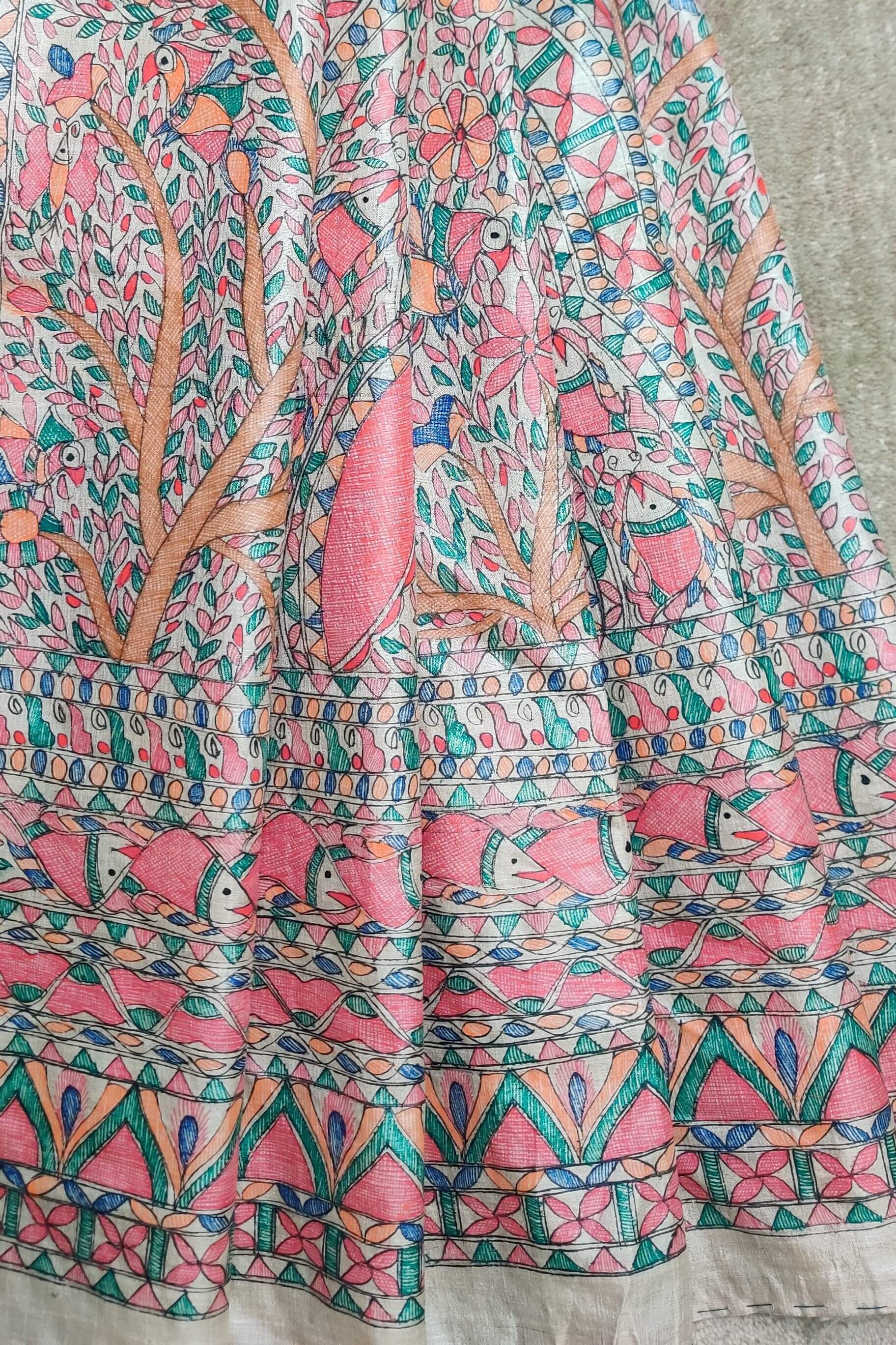 Handwoven-Wild Silk Saree with Hand Painted Madhubani-bihart