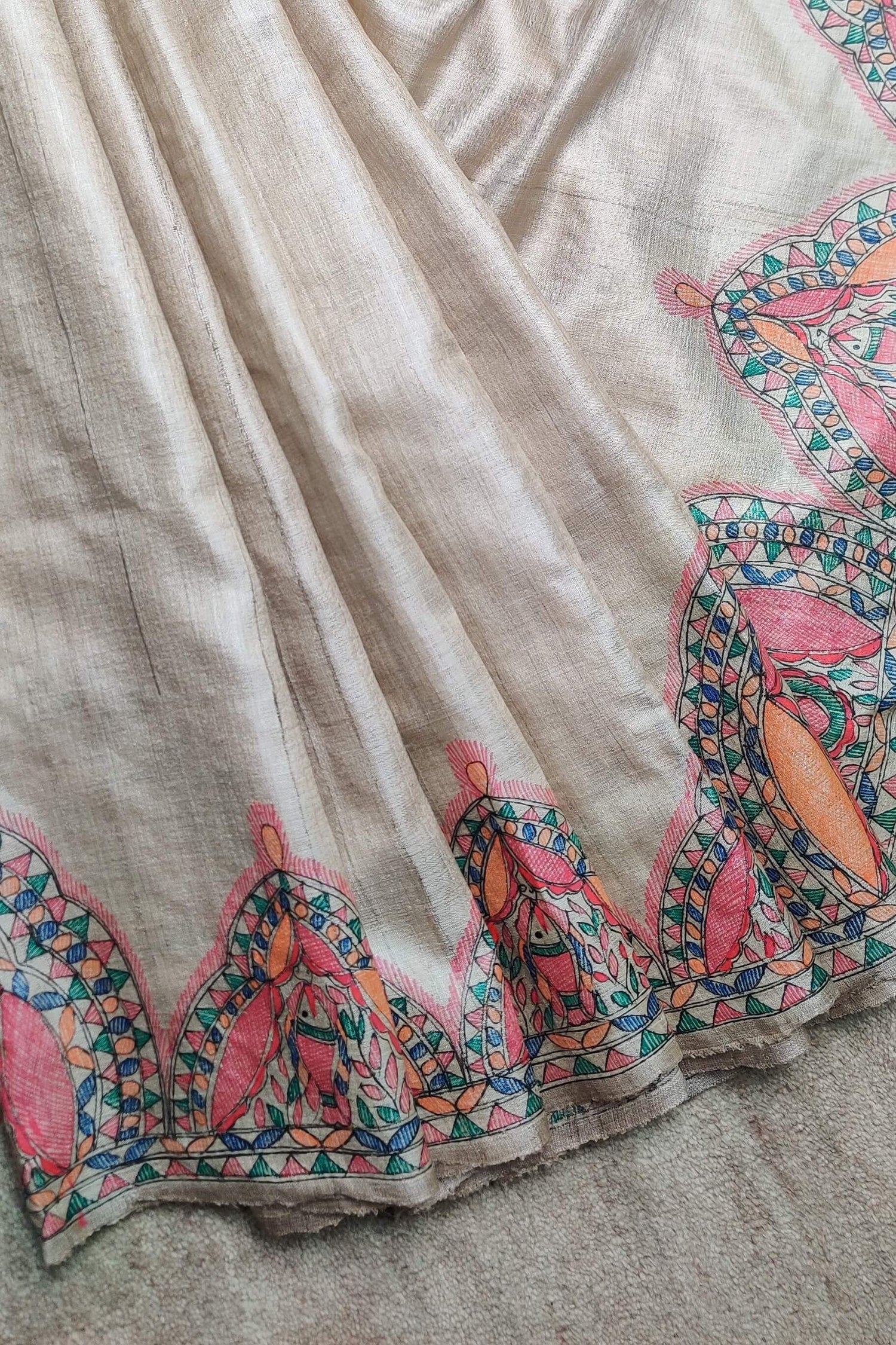 Handwoven-Wild Silk Saree with Hand Painted Madhubani-bihart