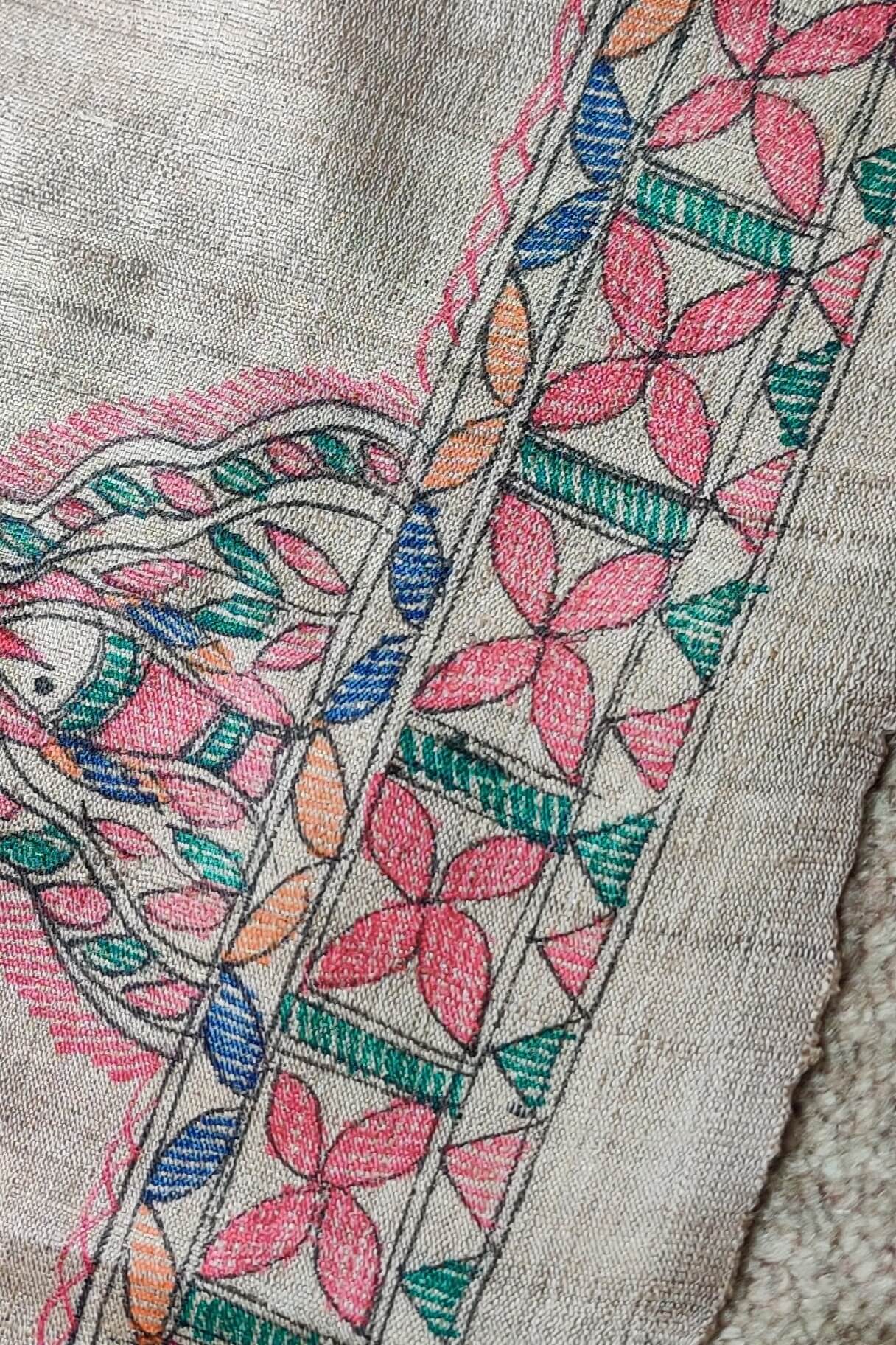 Handwoven-Wild Silk Saree with Hand Painted Madhubani-bihart