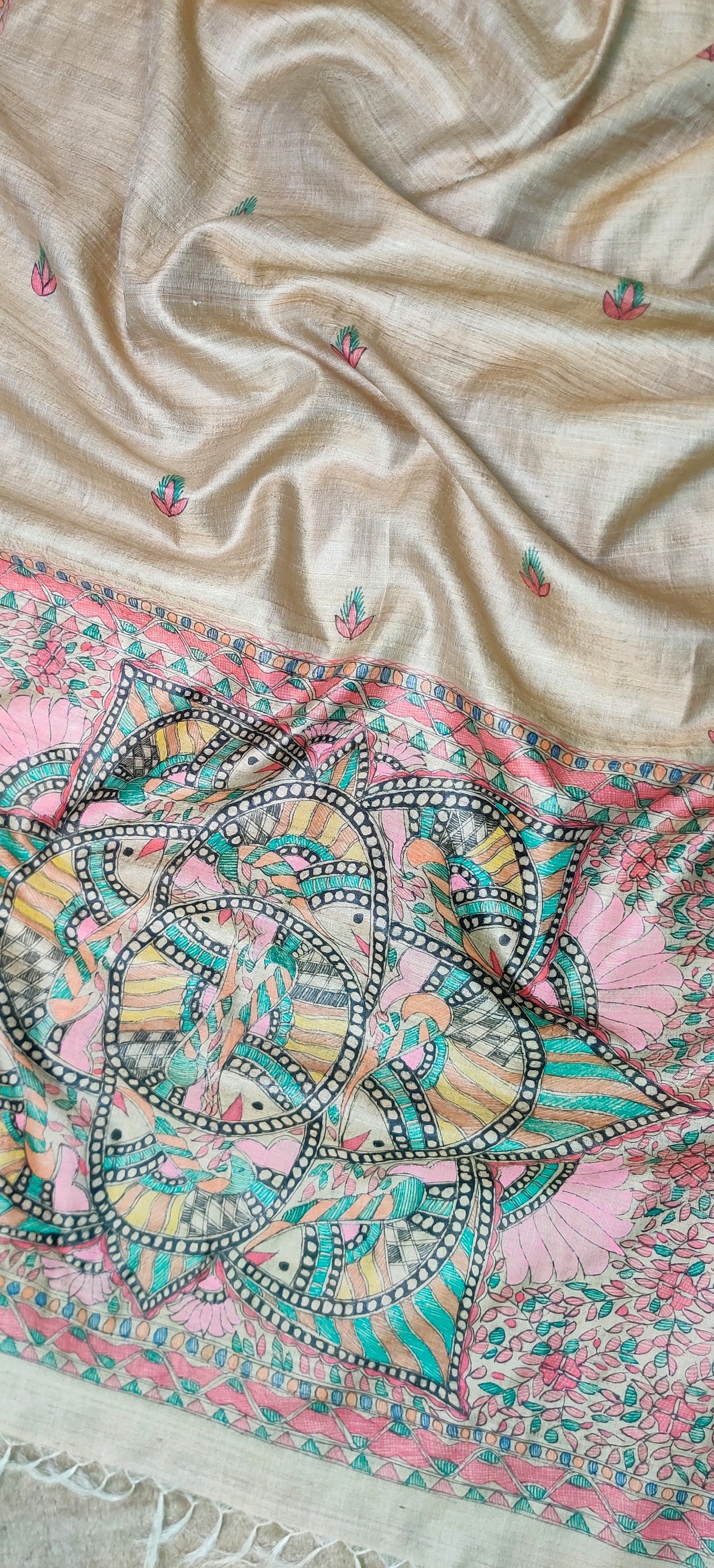 Beige-Desi Wild Silk Dupatta Hand Painted in Traditional Madhubani.-bihart