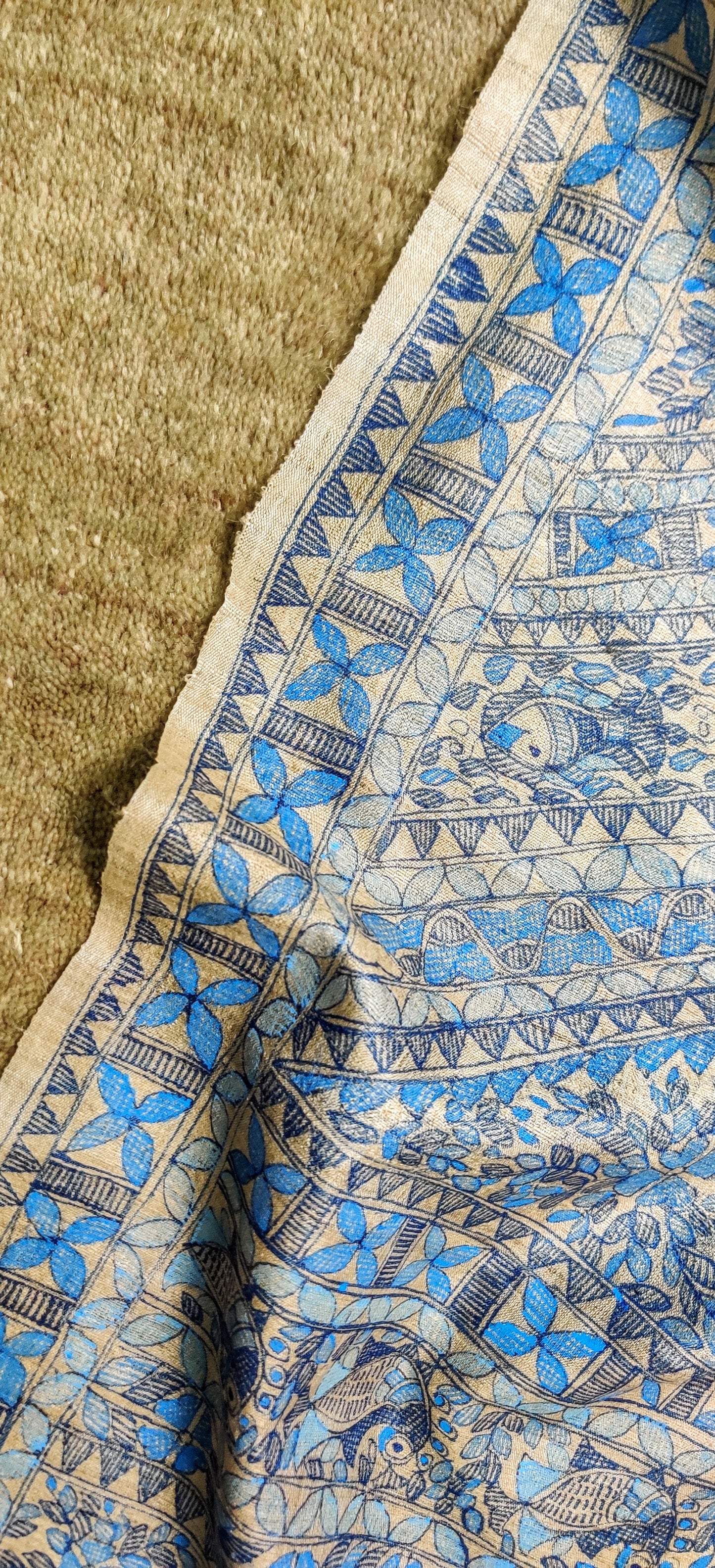 Beige-Desi Wild Silk Dupatta Hand Painted in Traditional Madhubani.-bihart