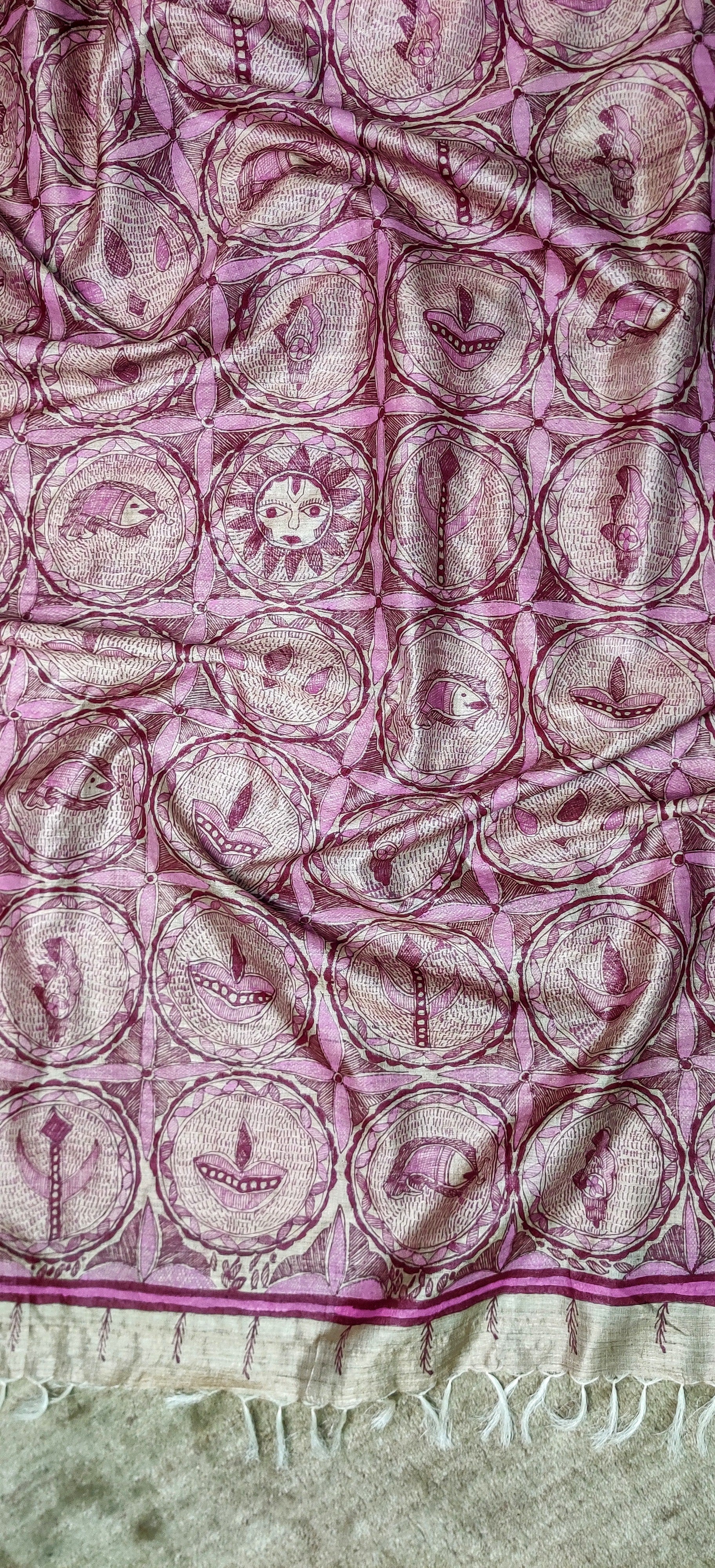 Beige-Desi Wild Silk Dupatta Hand Painted in Traditional Madhubani.-bihart