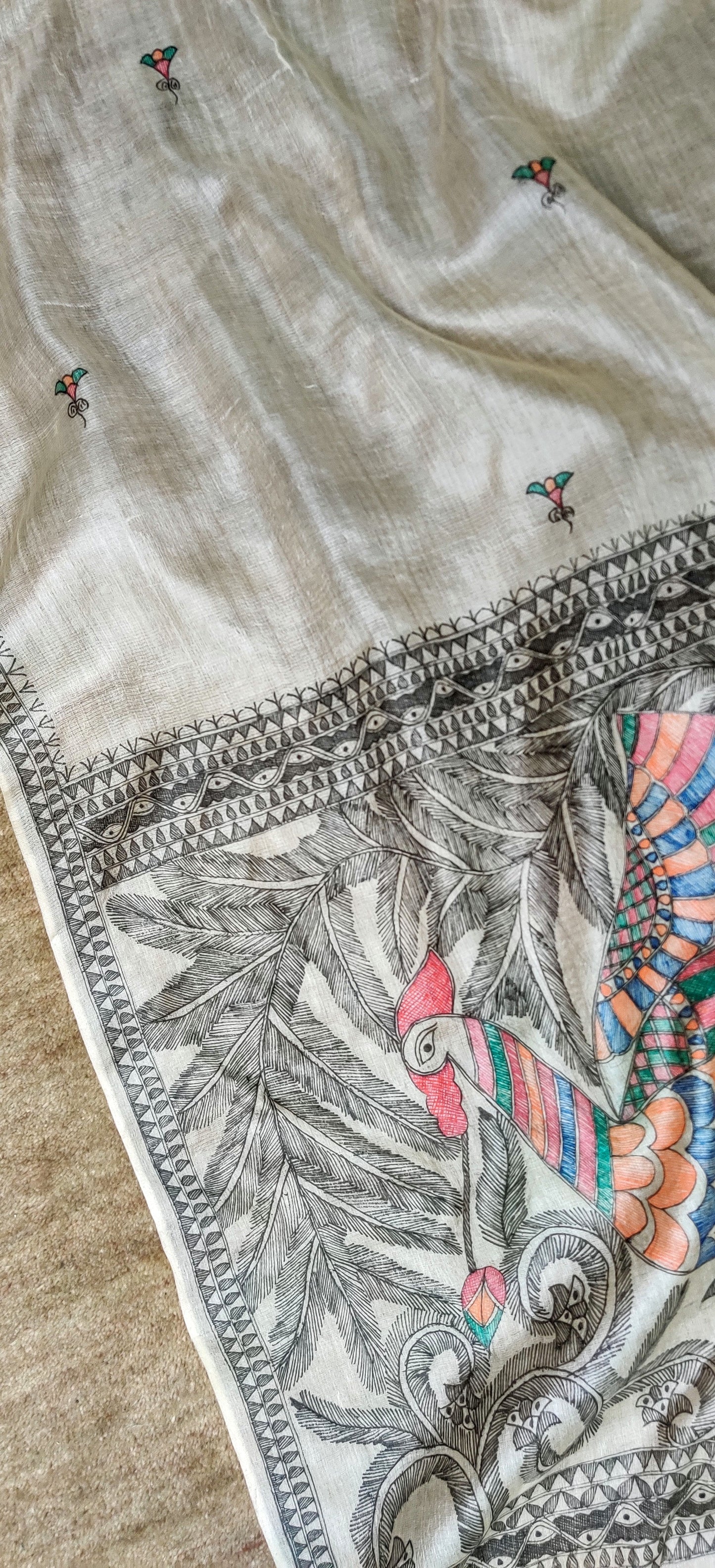 Beige Wild Silk Dupatta Hand Painted in Traditional Madhubani.