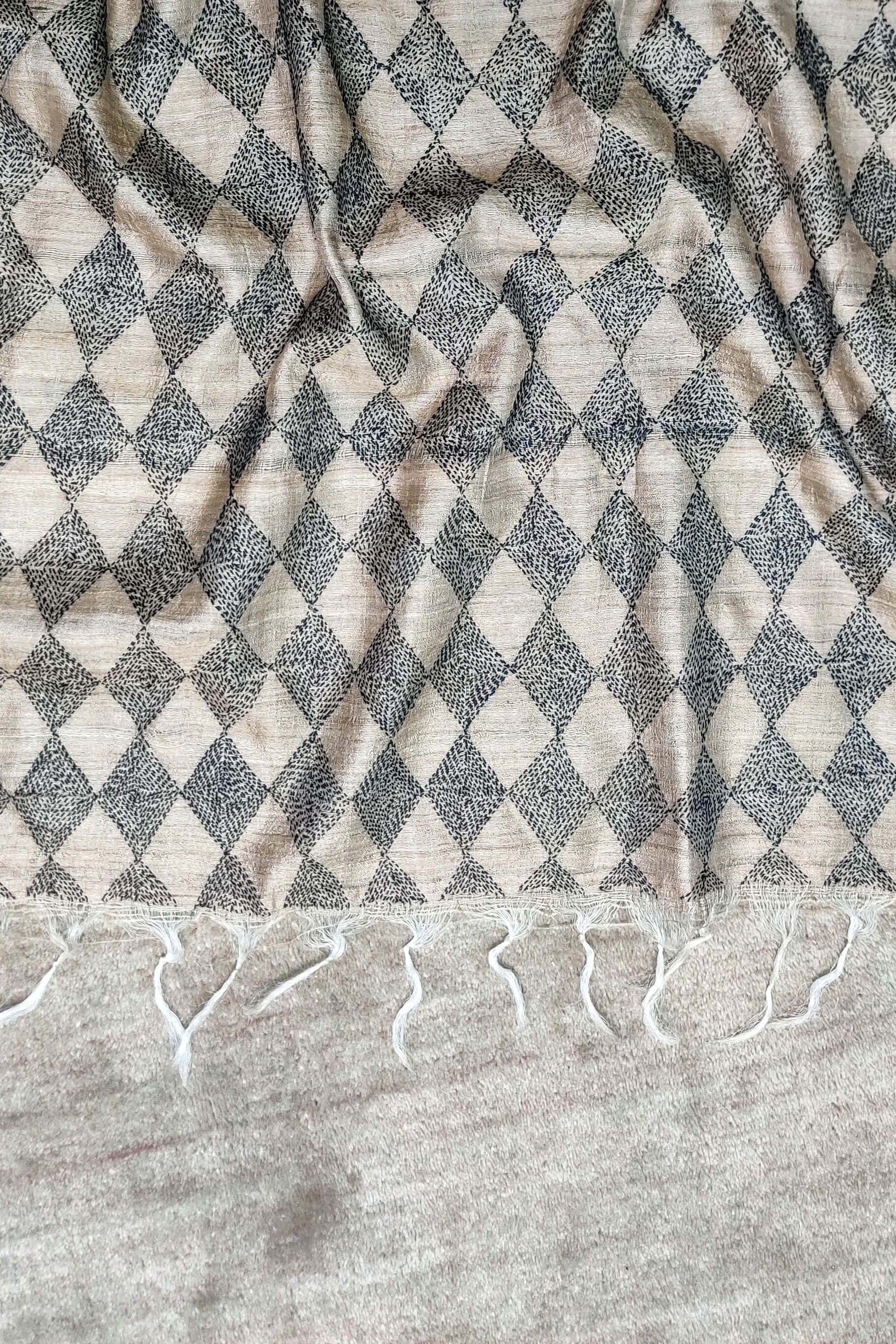 Beige-Silk Dupatta Hand Embroidered in Sujani-bihart