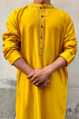 Men's Cot-Silk Chanderi Mustard Yellow Kurta