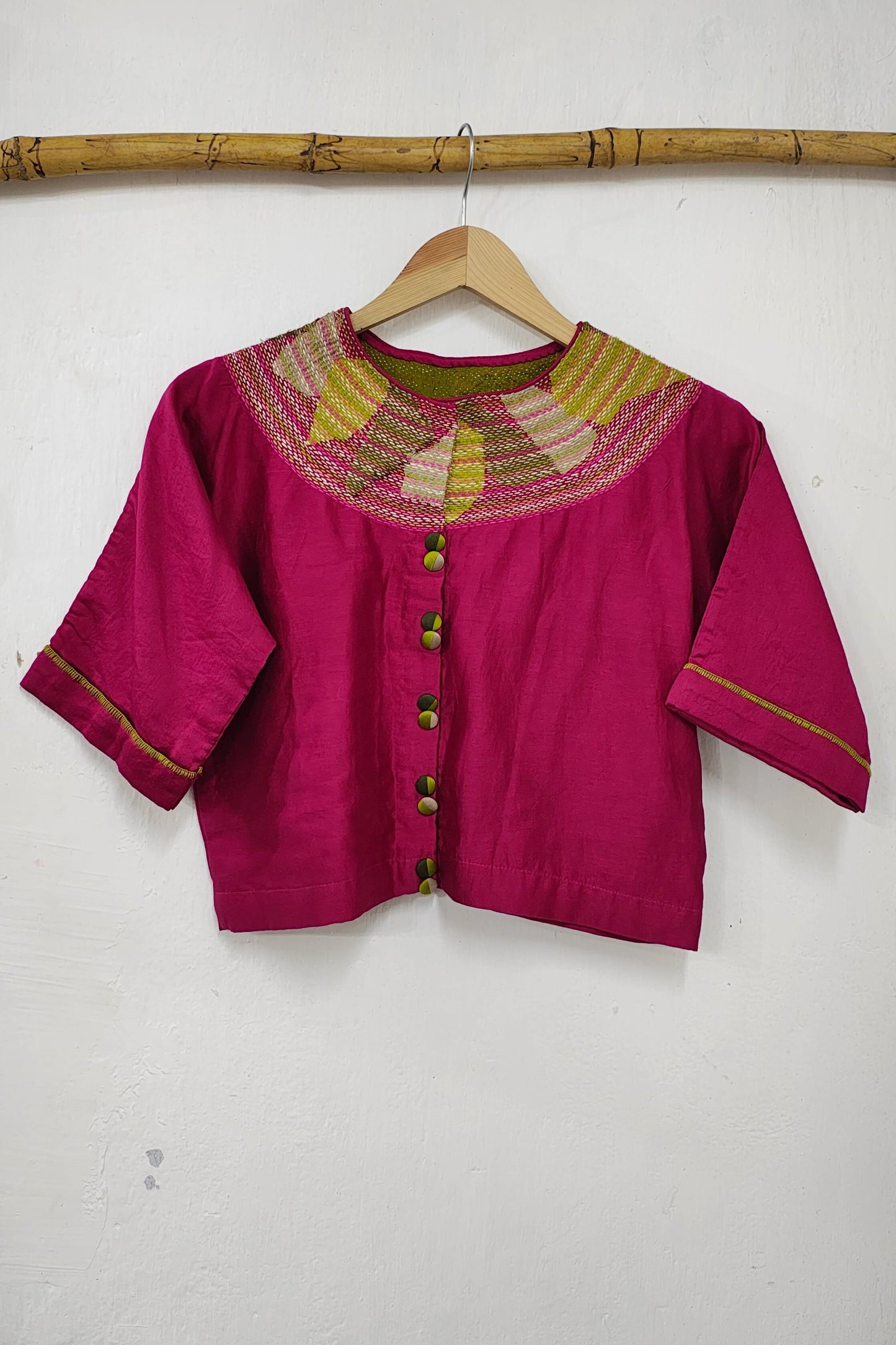 Chanderi Rani Pink Crop Top with Sujani Work on Neck line.
