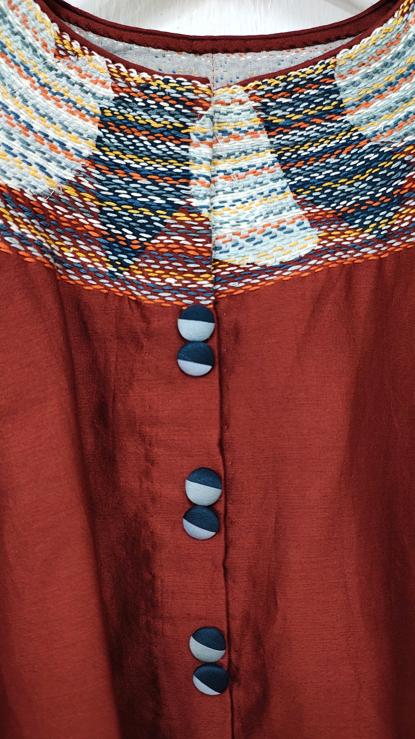 Chanderi Deep Rust Crop Top With Sujani Work on Neck line.