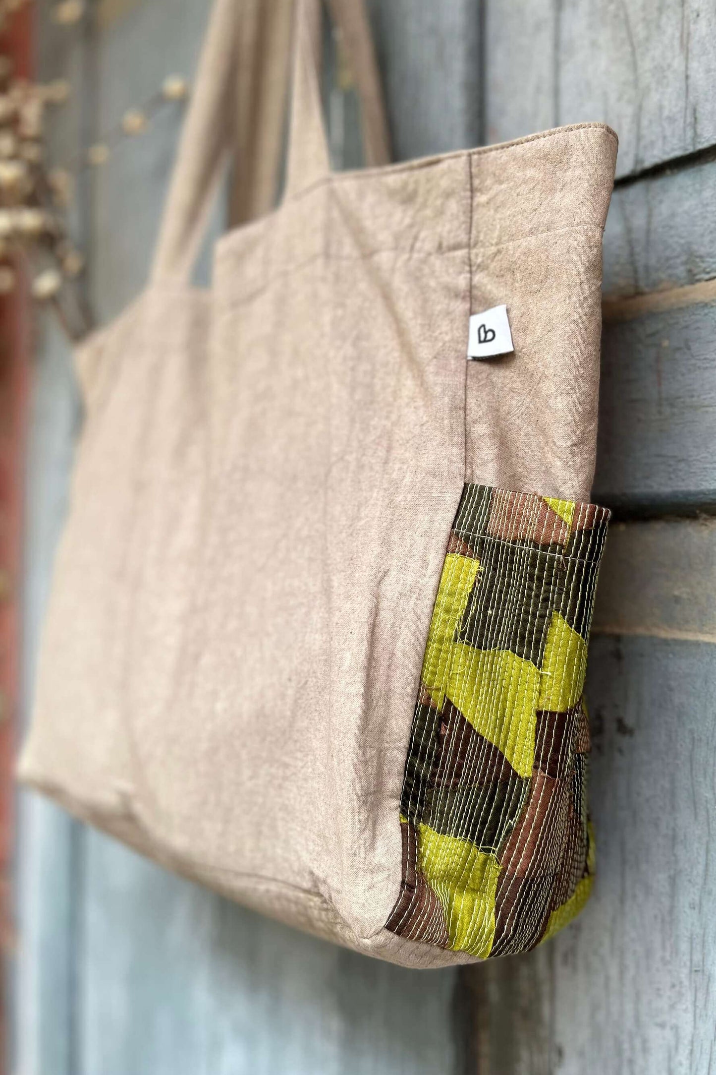 Classic-Beige Cotton Tote Bag with Chindi Side Pockets.-bihart