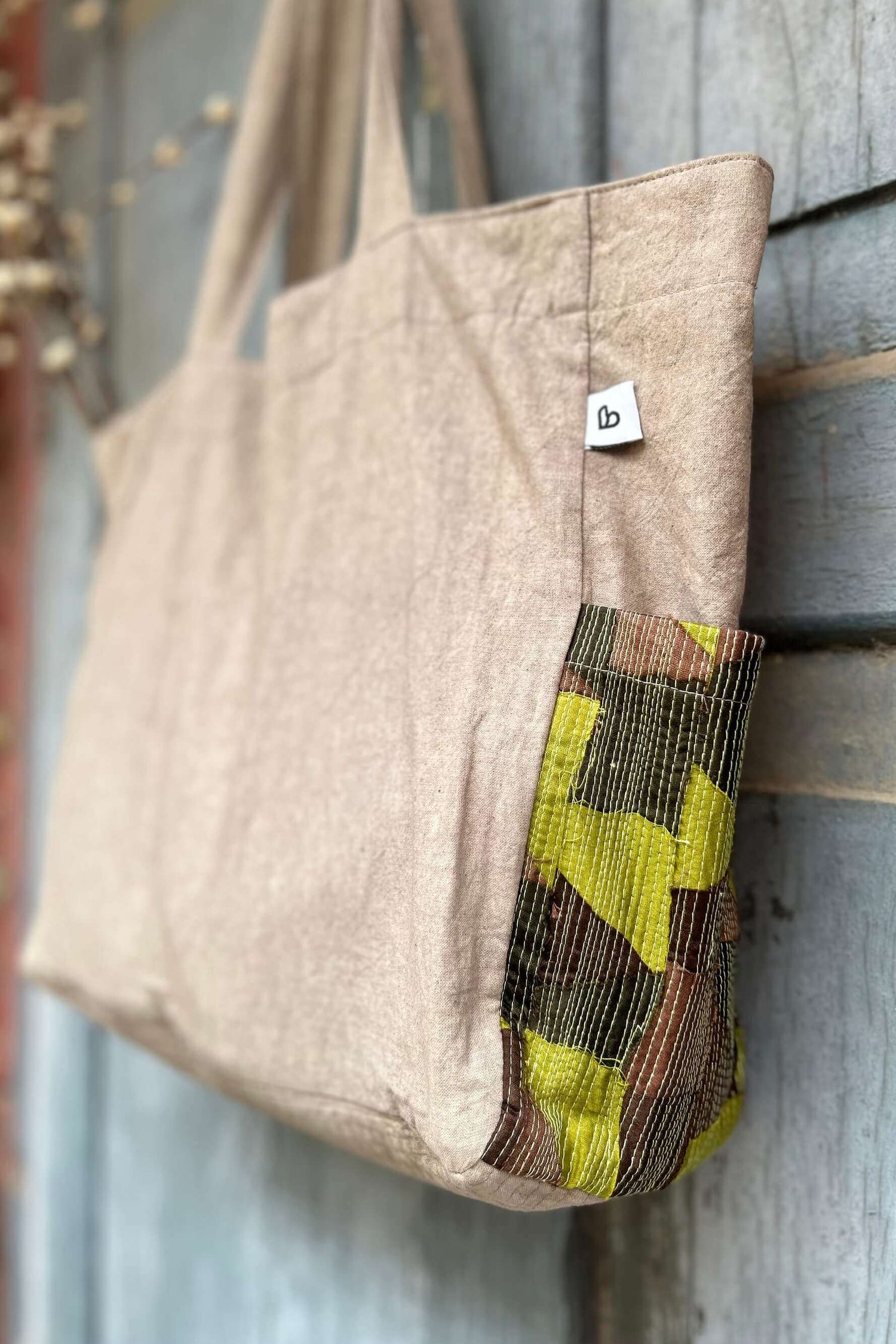 Classic-Beige Cotton Tote Bag with Chindi Side Pockets.-bihart