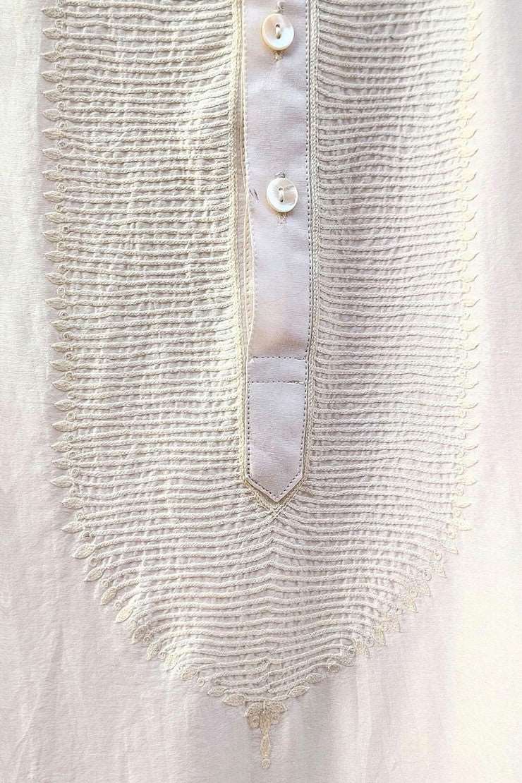 Men's-Chanderi Off White Aari Work straight Kurta - (Round Neck)-bihart