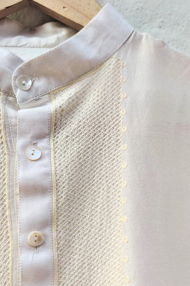 Men's-Chanderi Off White Aari Work straight Kurta - (Mandarin Collar)-bihart